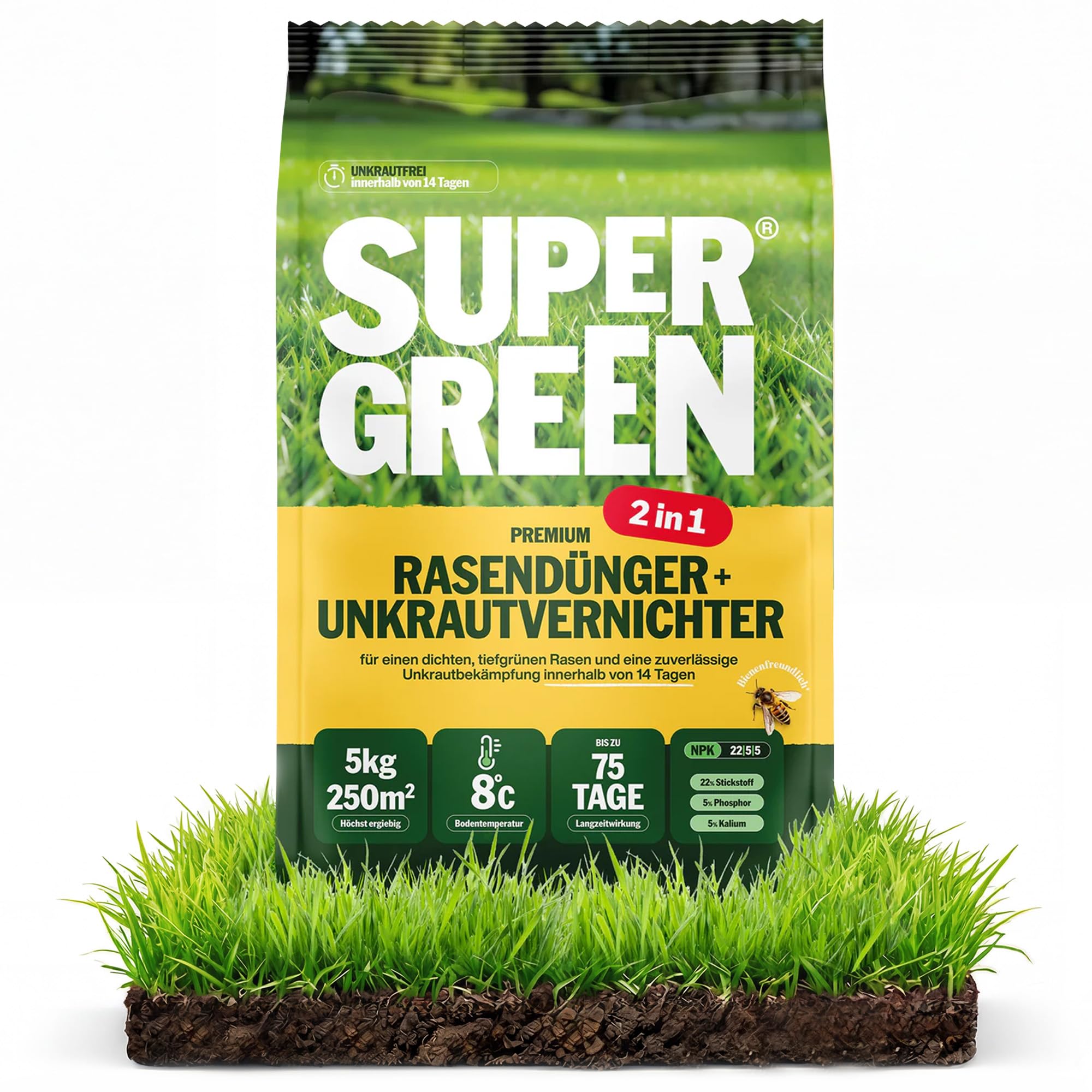Supergreen Rasendünger mit Unkrautvernichter 2 in 1 | Granulat Dünger mit Stickstoff gegen Löwenzahn und Klee | 5 kg / 10 kg