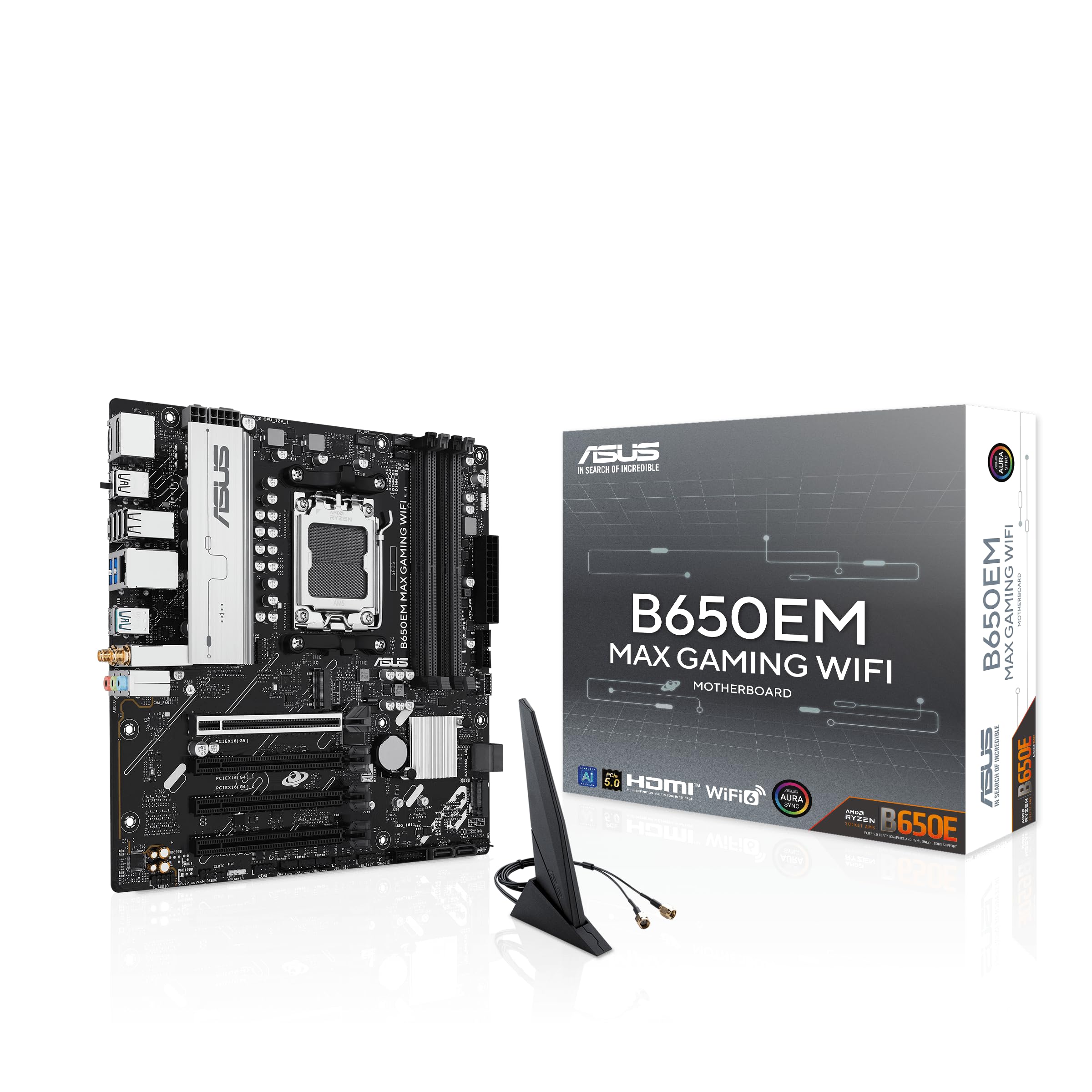 ASUS B650EM MAX Gaming WiFi AMD B650 mATX Motherboard, DDR5, PCIe 5.0 Ready, 3X M.2 Slots, WiFi6, 1Gb Ethernet, DisplayPort, HDMI, Rear USB 10Gbps