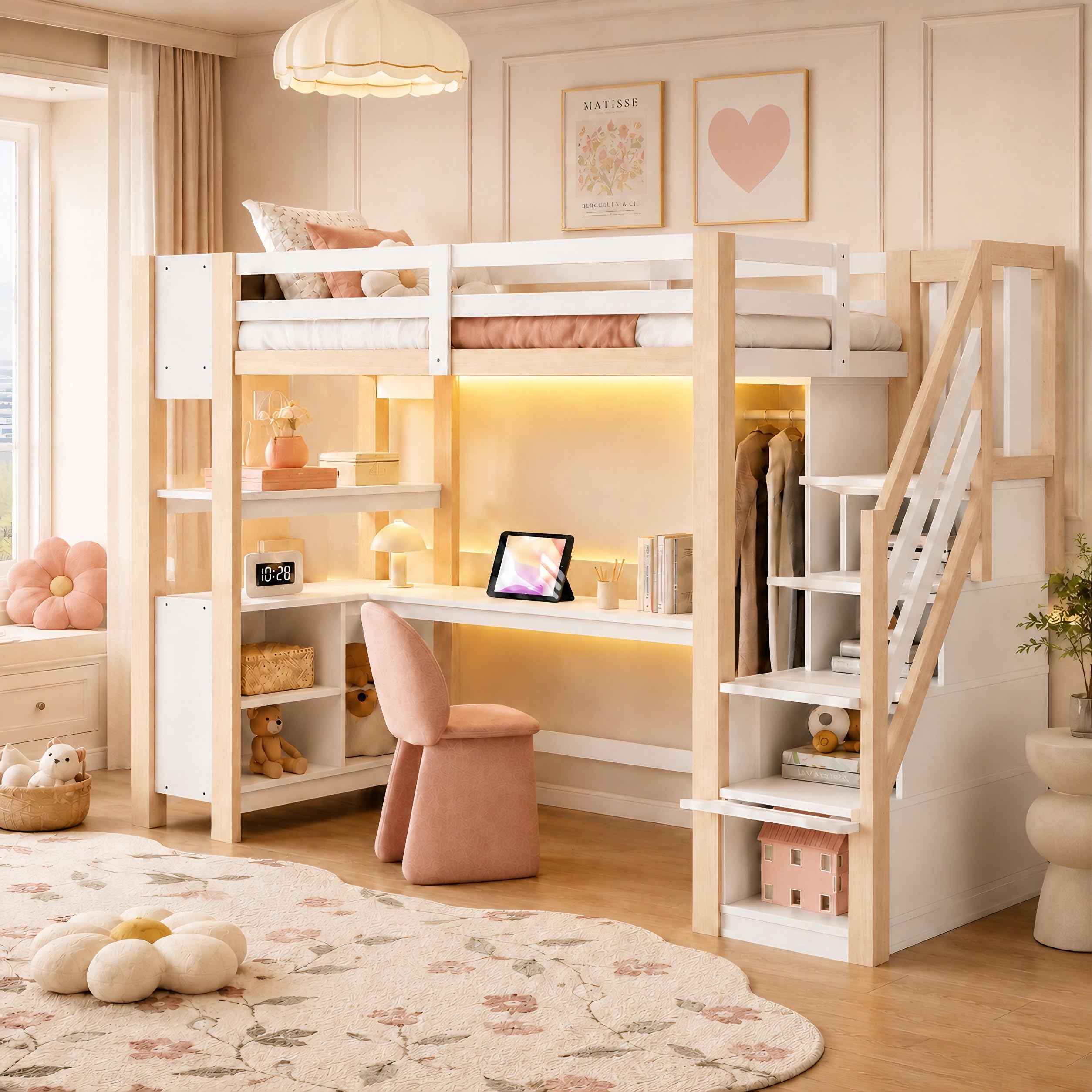 Merax Holz Hochbett 90 x 200 cm, mit Schreibtisch, Kleiderschrank, Treppe mit Stauraum, Regal und Ablagefach, Hochbett mit LED Lichtleiste und Steckdose, weiß & Holzfarbe (ohne Matratze)