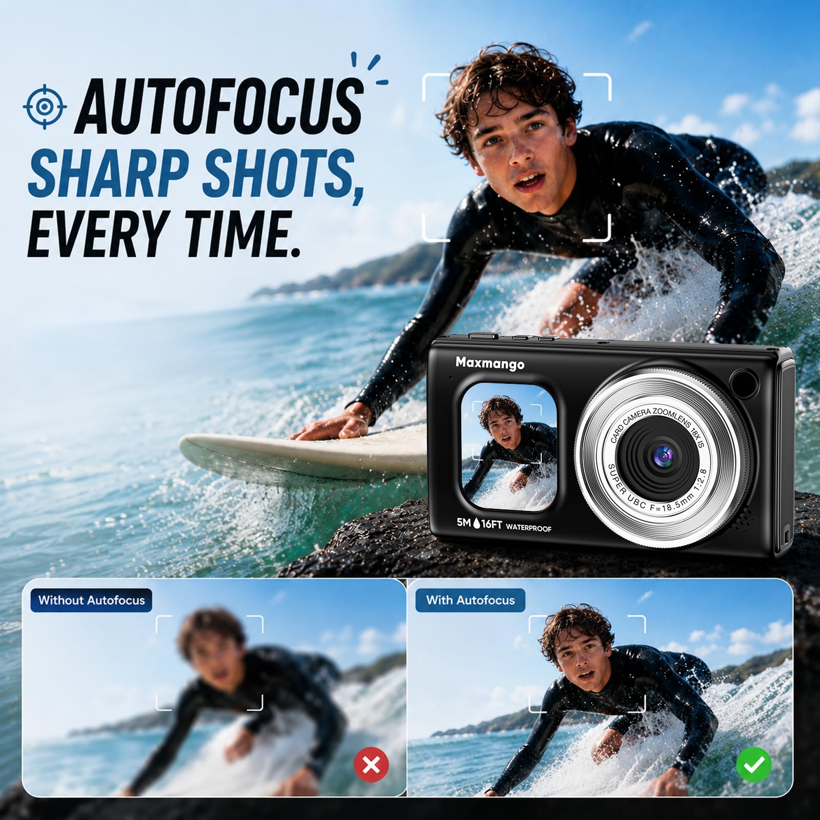 16FT Macchina Fotografica Subacquea, 4K 48MP Batteria Rimovibile 1500mAh | Maxmango D71 Fotocamera Impermeabile con Doppio Schermo, Zoom 18X, Autofocus per Snorkeling e Nuoto Surf, Nero(8GB）