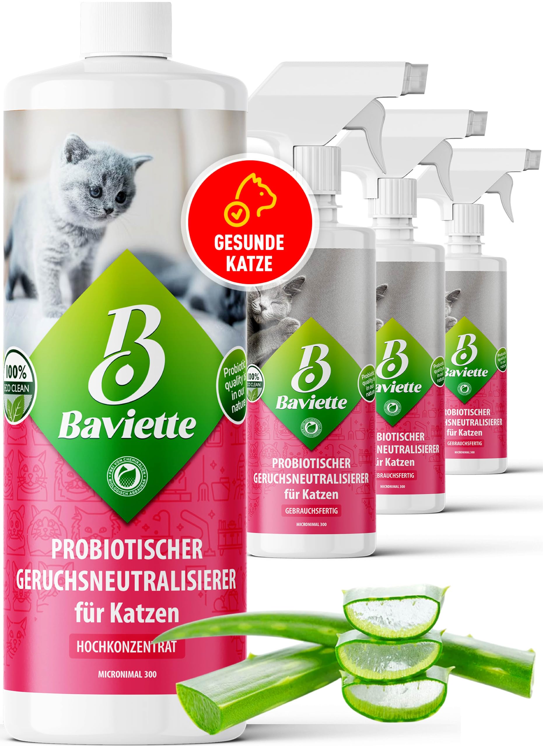 Baviette concentré 1L – Neutralisateur d’odeurs pour foyers avec Chats, à Base de Micro-organismes naturels, biodégradable, sans Chlore, Doux Parfum d’Aloe Vera, pour Tapis, Meubles et litières