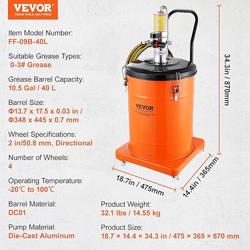 Miniatura 13 de VEVOR Bomba de grasa, bomba de grasa de aire de 3 galones con manguera de alta presión de 13 pies y pistola de engrase, bomba de grasa neumática