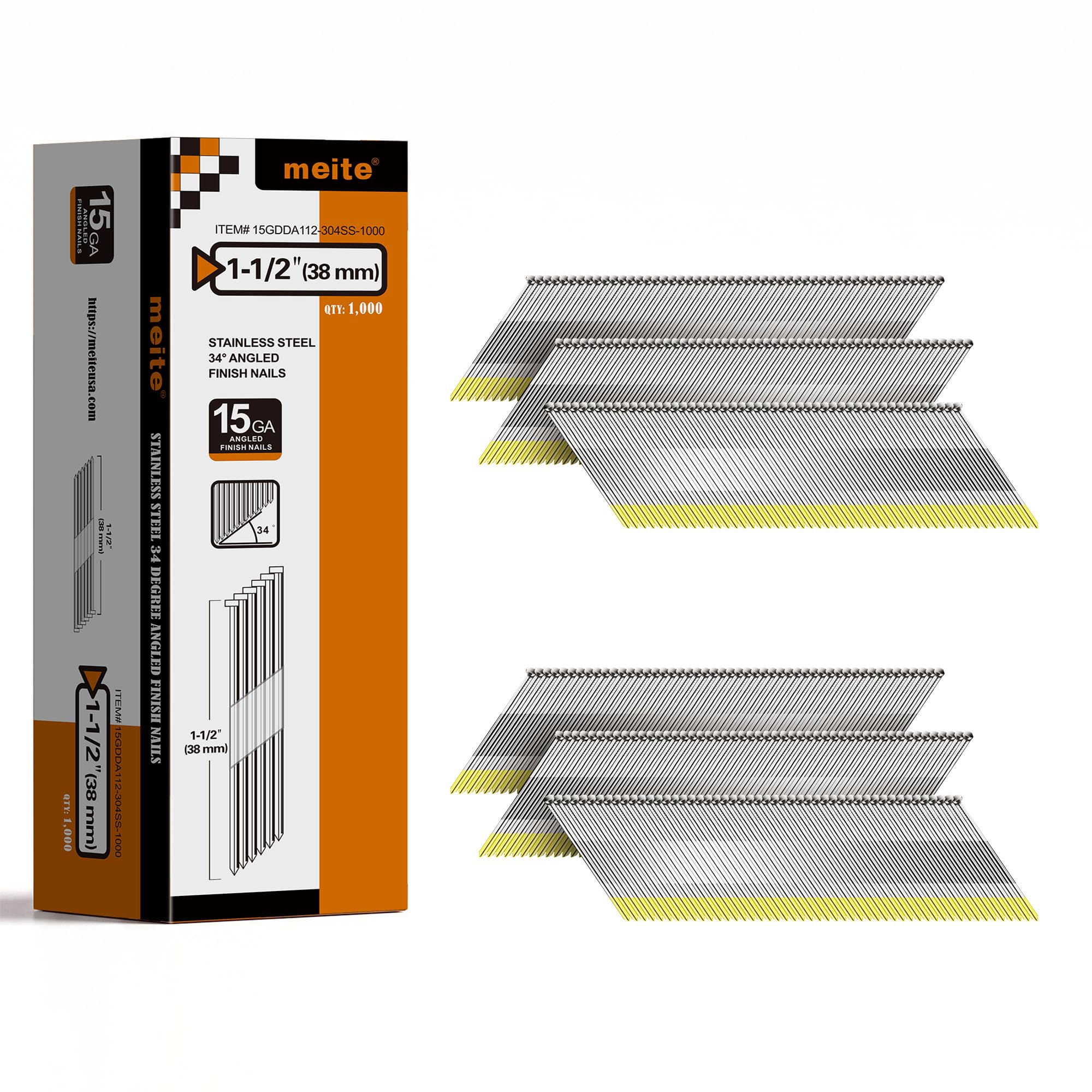 meite 15 Gauge Angled Finish Nails 38 mm, Stainless Steel DA 34° 1,000PCS — image 1
