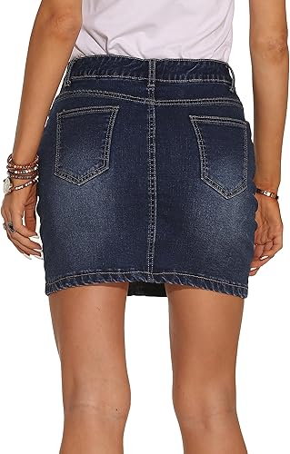 Miniatura 4 de GUANYY Minifalda de mezclilla para mujer - Faldas de jean casuales elásticas de ajuste ceñido de cintura alta