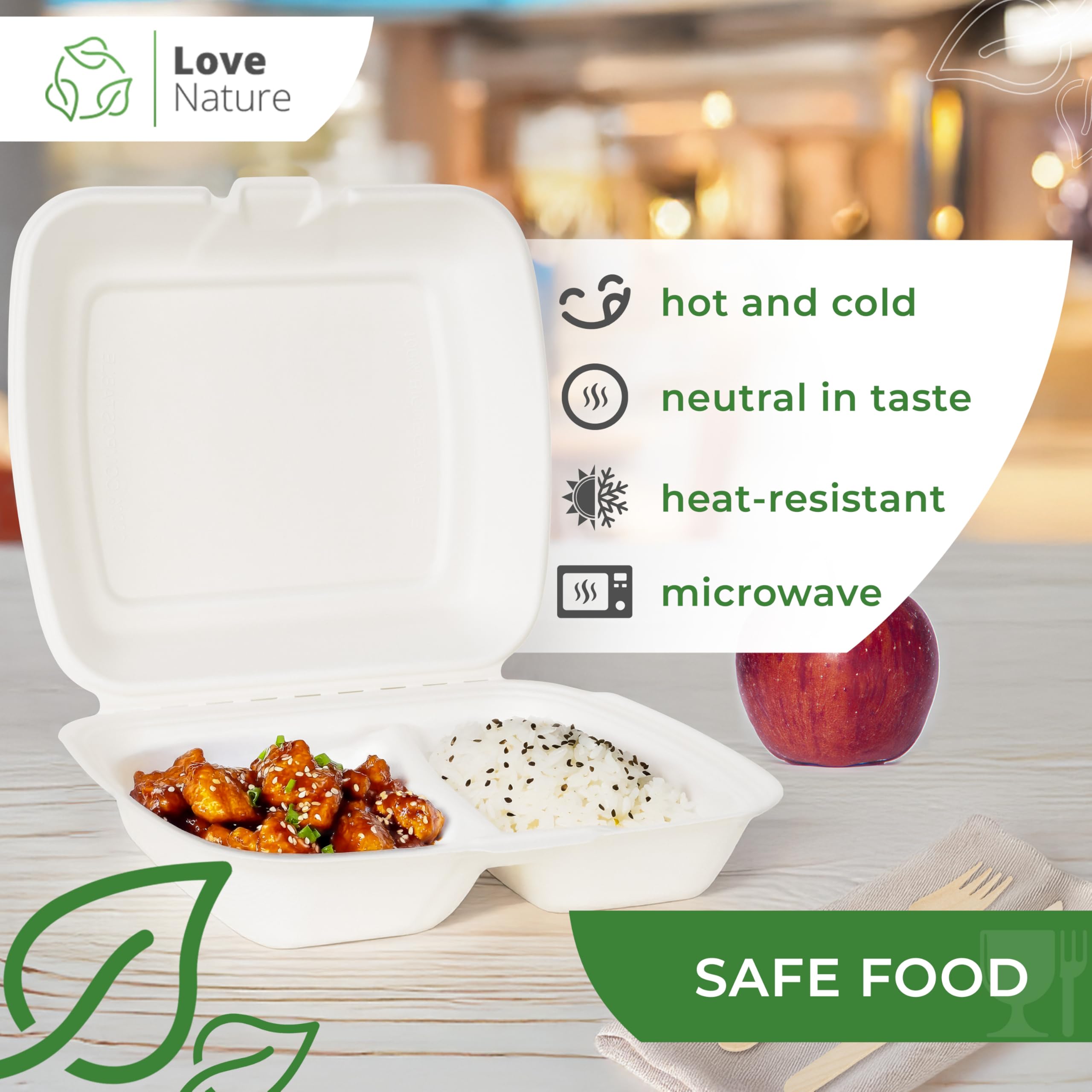 Love Nature Caja de menú ecológica desechable 2 dividida 50 piezas - vajilla desechable caña de azúcar - embalaje para llevar