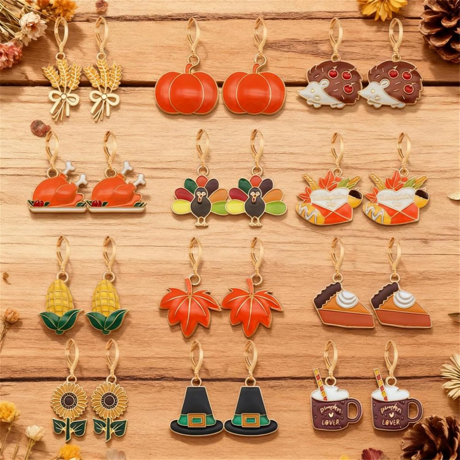 coadipress 12 Pairs Thanksgiving Earrings Autumn Fall Earring Set for Women Harvest Maple Leaf Turkey Pumpkin Wooden Thanksgiving Earrings Autumn Holiday Jewelry Gifts - Image 2
