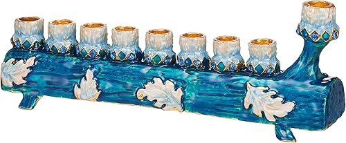 Miniatura 5 de Matashi Candelabro de menorá de tronco azul y marfil pintado a mano y adornos navideños de Dreidel giratorios con detalles dorados y cristales,