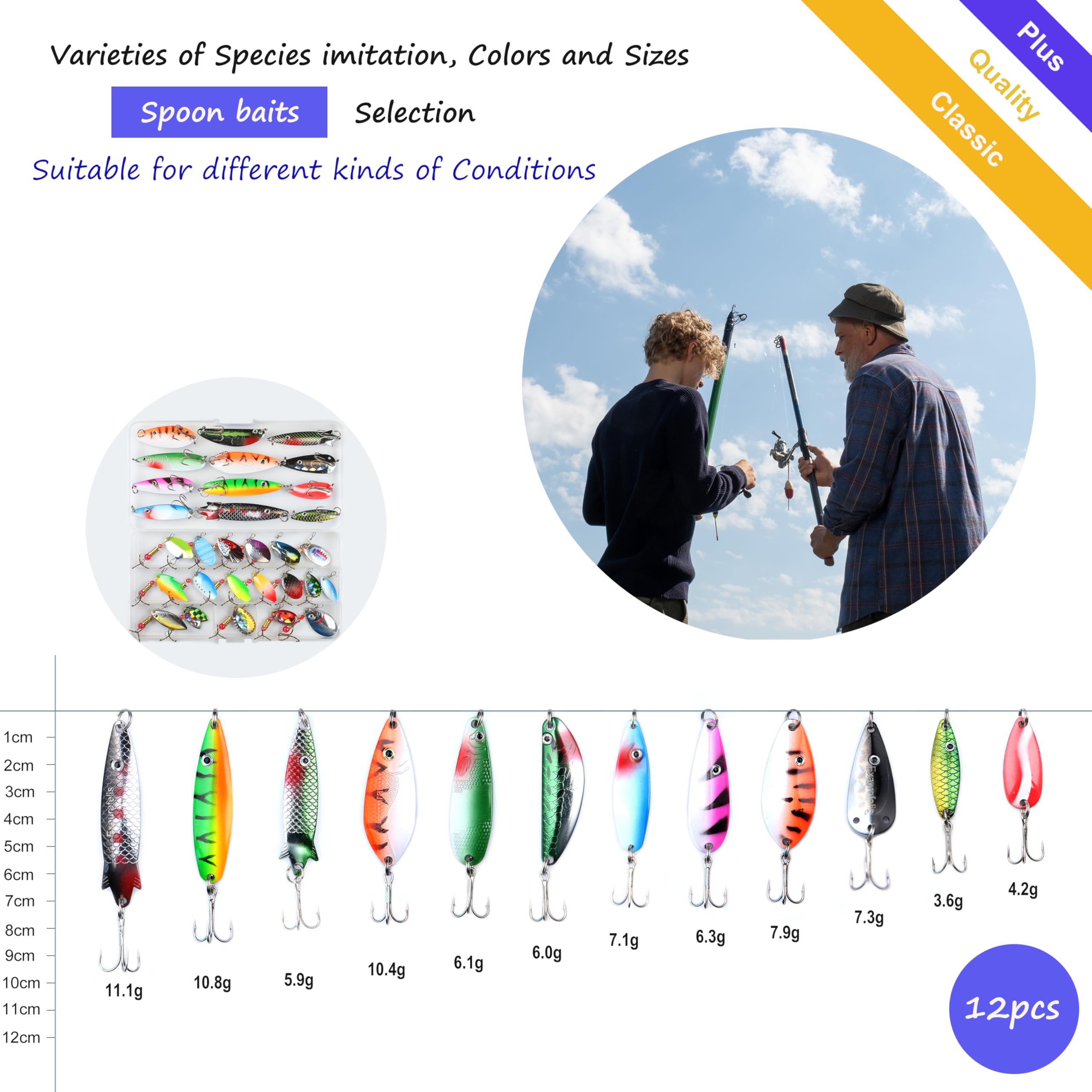 EXAURAFELIS 10/30pcs Esca da pesca Spinnerbait con Piuma Treble Ganci Coda di Gallo Esche da Pesca Cucchiaio Esche per spigola, Salmone, Trota Spinnerbait Esche con Tackle Box
