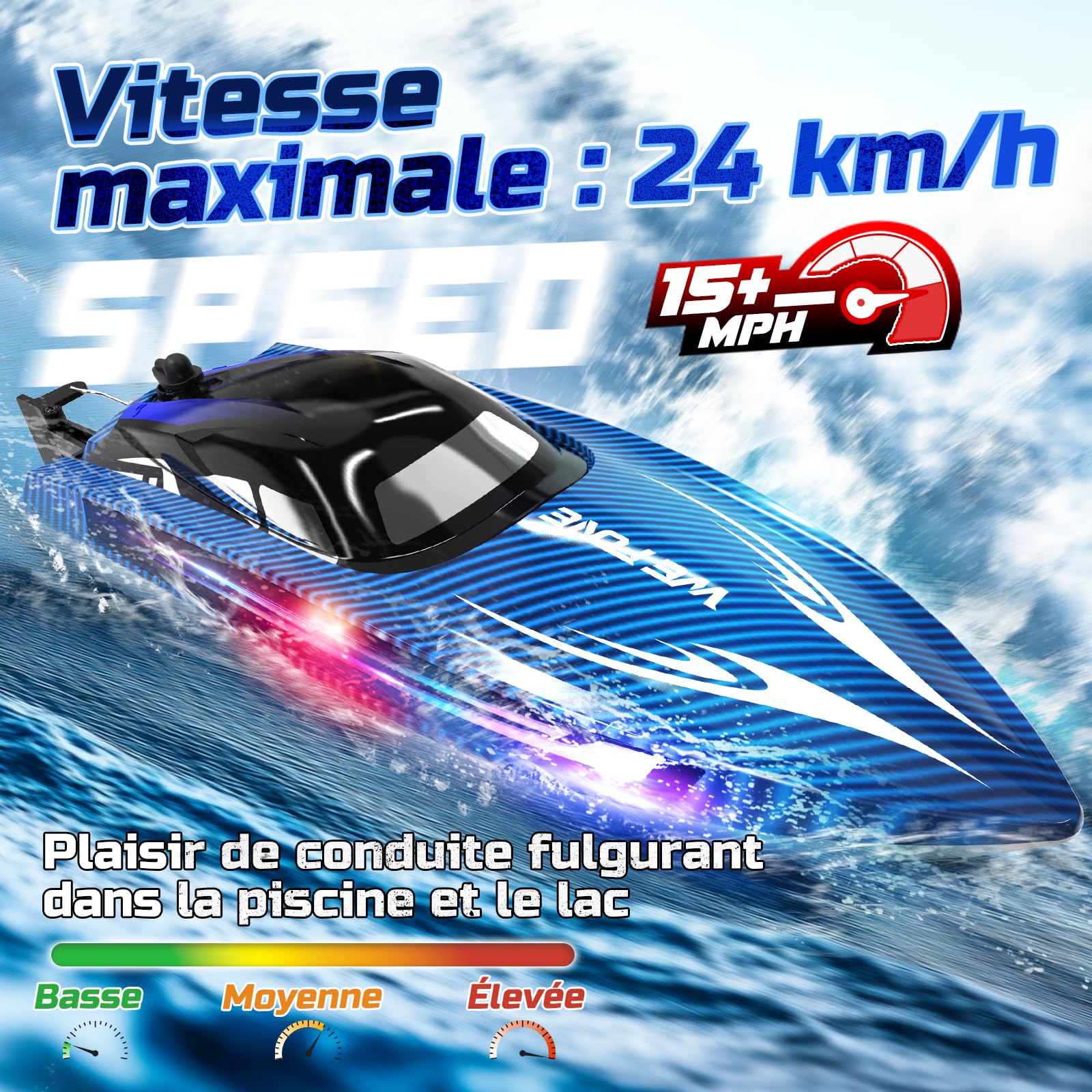 WeFone Barco teledirigido para adultos, 25+ KMH Fast RC Speed Boat con luz LED para niños, DEMO, WF17, ideal para piscinas y lagos de juguete, 2 baterías recargables durante 30-40 minutos (azul)