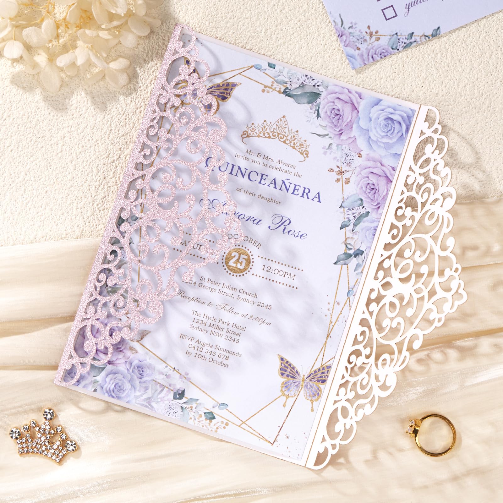 Hochzeitseinladungen, hohl, lasergeschnitten, mit Umschlägen und RSVP-Karten für Quinceañera-Verlobung, 25 Stück