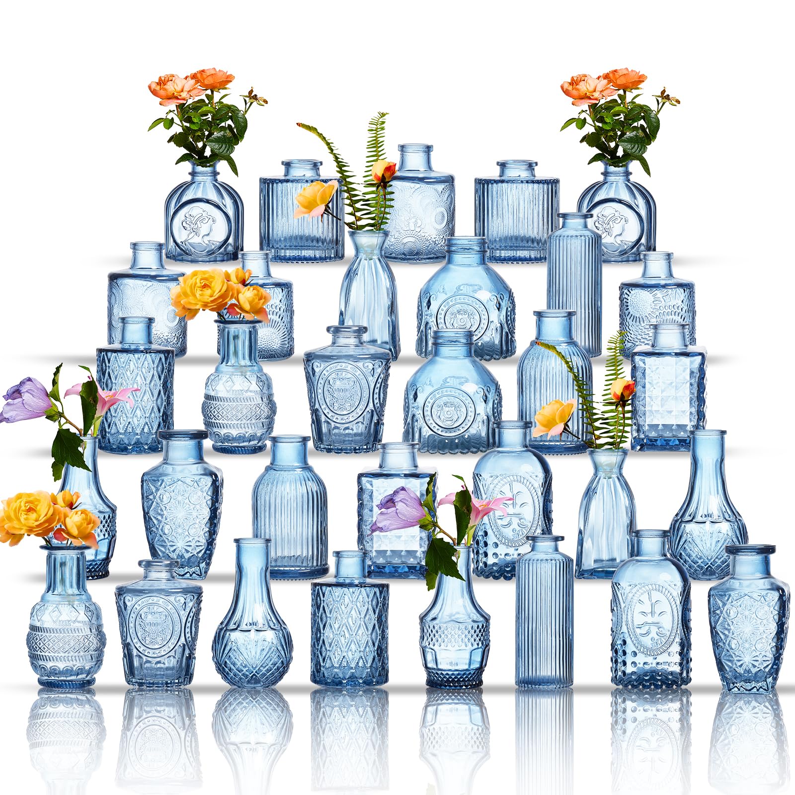 Photo 1 of Glass Vases Set of 32 - Blue Assorted Small Mini Glass Vases for Flowers, Crystal Vintage Vase Set, Bulk Centerpieces for Table Décor, Wedding, Home and Events (Blue, 32 Pcs)