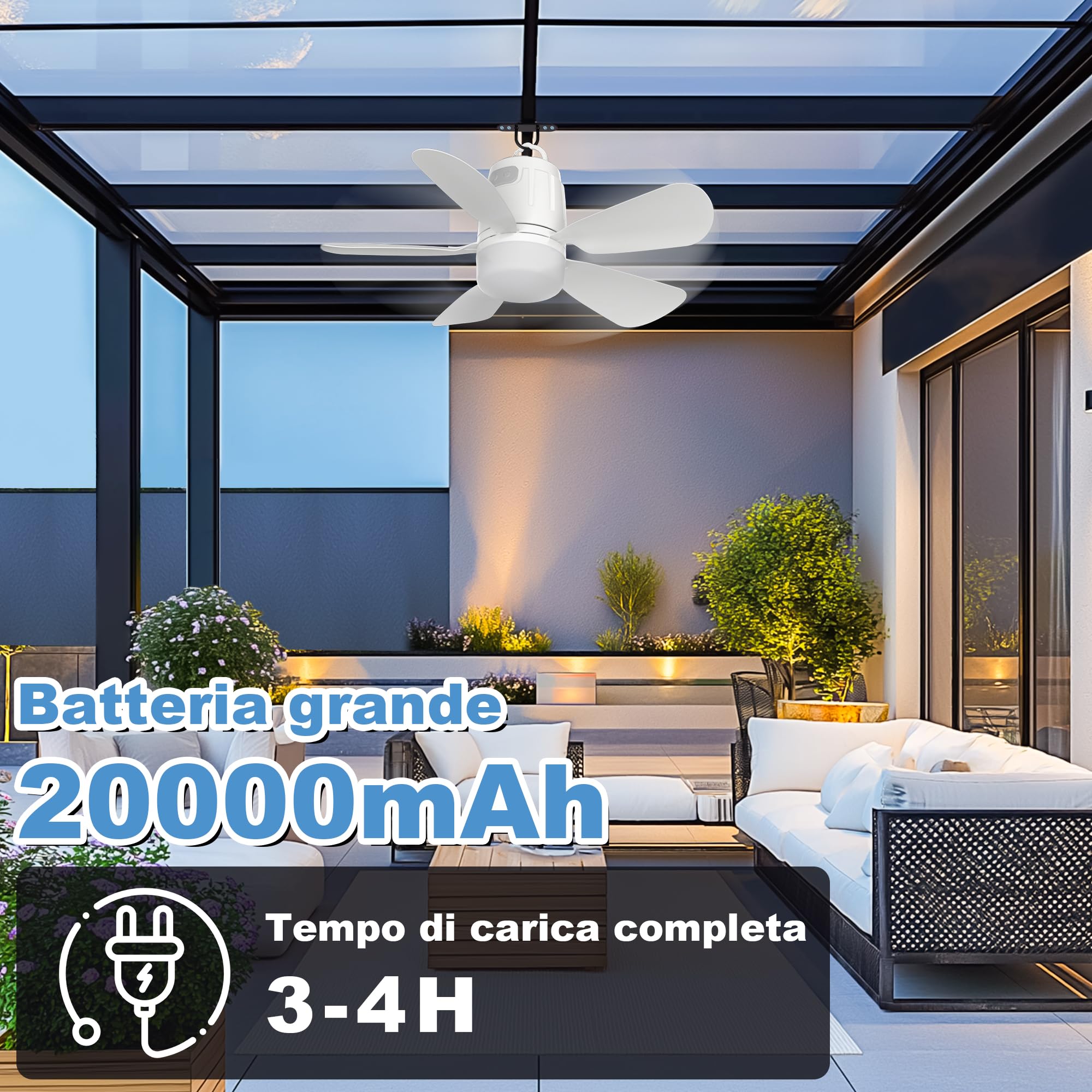 Gliztech 50CM Ventilatore da Soffitto Esterno, 20000mAh Lampadario con Pale con Batteria, Ventilatore Campeggio Rimovibile con Gancio e Telecomando per Gazebo, Terrazza, Tenda