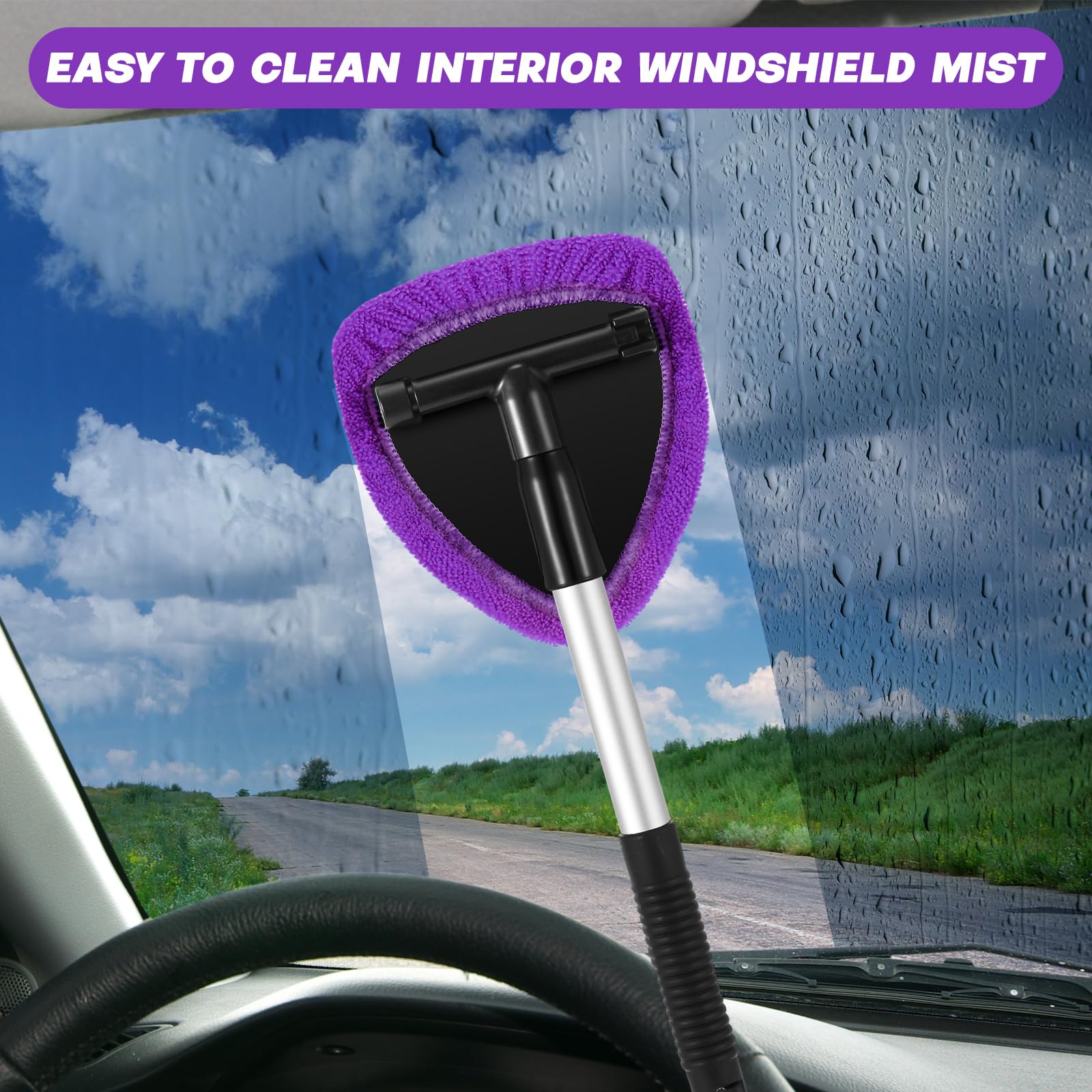 Baderke 10 piezas de limpiador de ventanas de coche, suministros de limpieza de parabrisas con mango extensible, incluye 6 capó de microfibra lavable y reutilizable, 2 botellas vacías de 60 ml, kit de