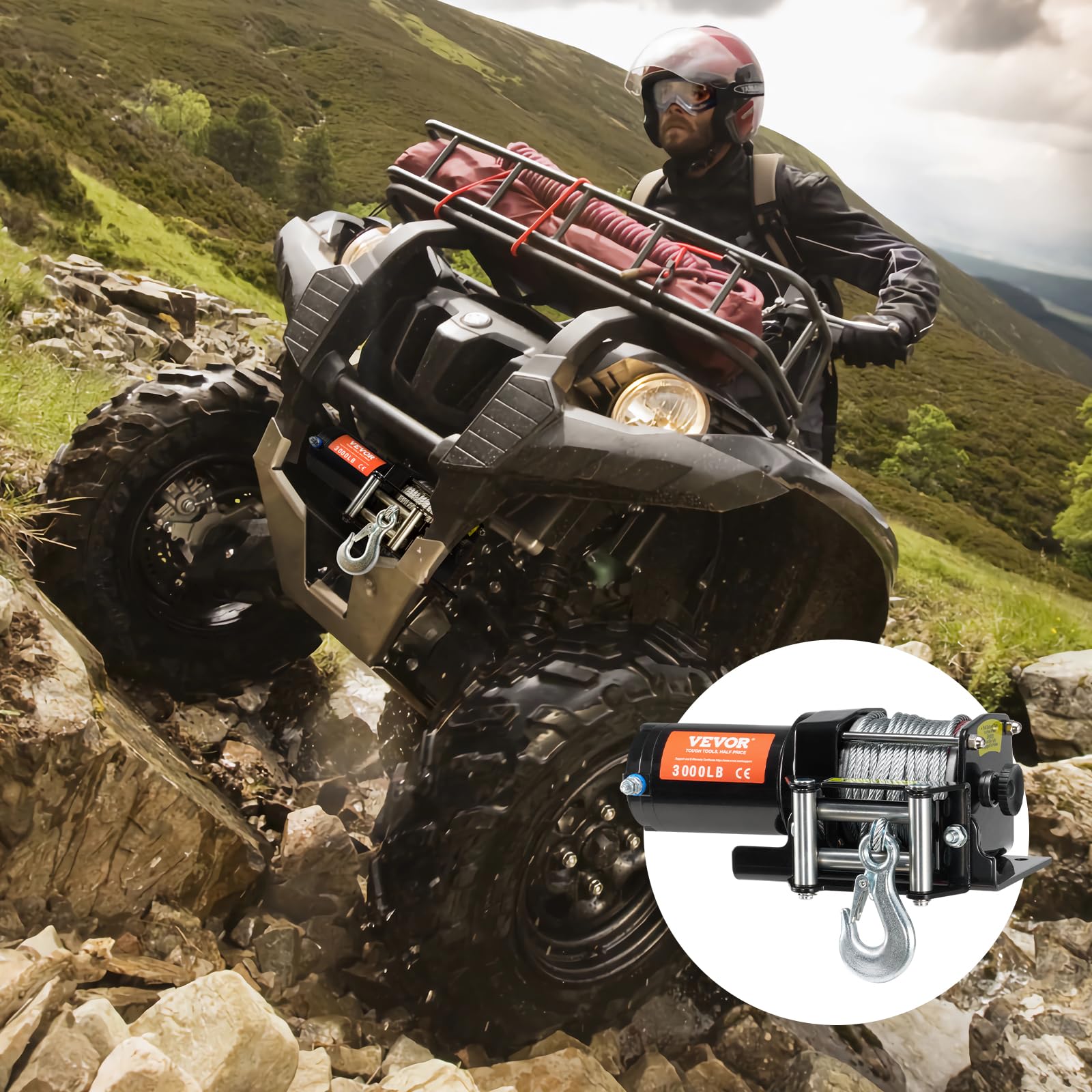 VEVOR Wciągarka ATV, elektryczna wciągarka 1,360 kg, 12 V, mała wciągarka ATV UTV, ze stalową rolką linową 3/40.6 cm x 12 m, przewodowy pilot zdalnego sterowania, wodoodporność IP55, do holowania
