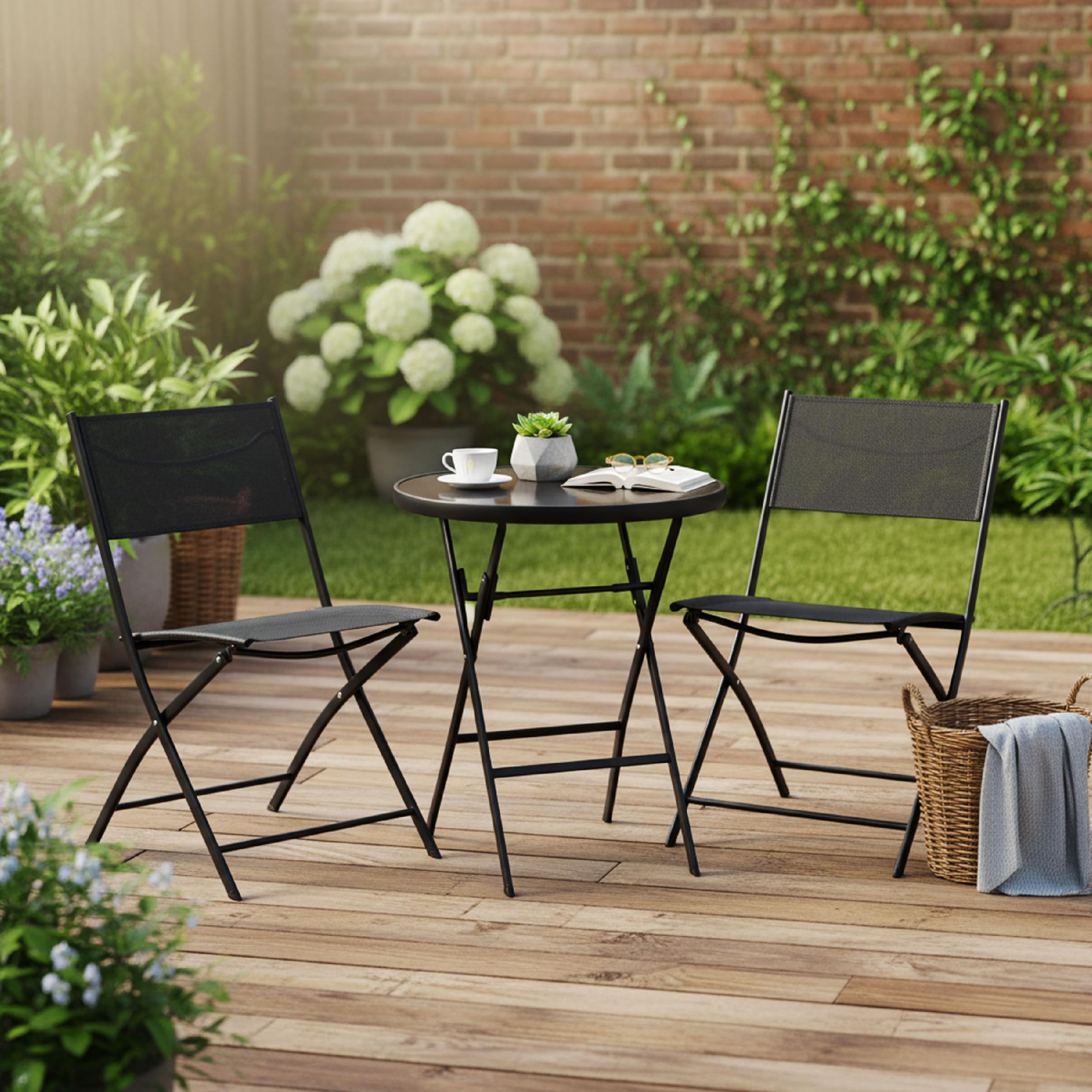 Baroni Home Set Giardino Pieghevole 3 Pezzi con 2 Sedie e Tavolo Rotondo in Vetro Temperato Ø60 cm, Set da Balcone e Terrazzo, Sedute Impermeabili (Nero)