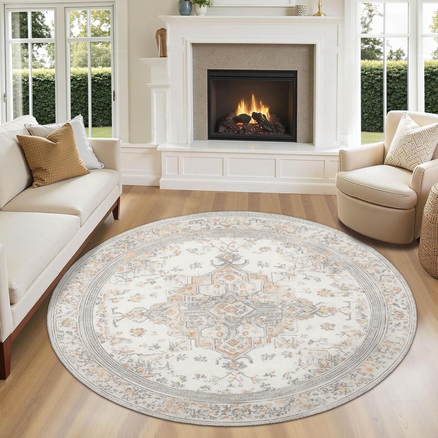 Vintage Round Area Rug 5ft,Machine Washable Modern Oriental Cream Taupe Beige Round Rug Non-Slip Boho Grey Circle Rugs Low-Pile,Floor Carpet Mat for Living Room Bedroom Kitchen Dining Entryway