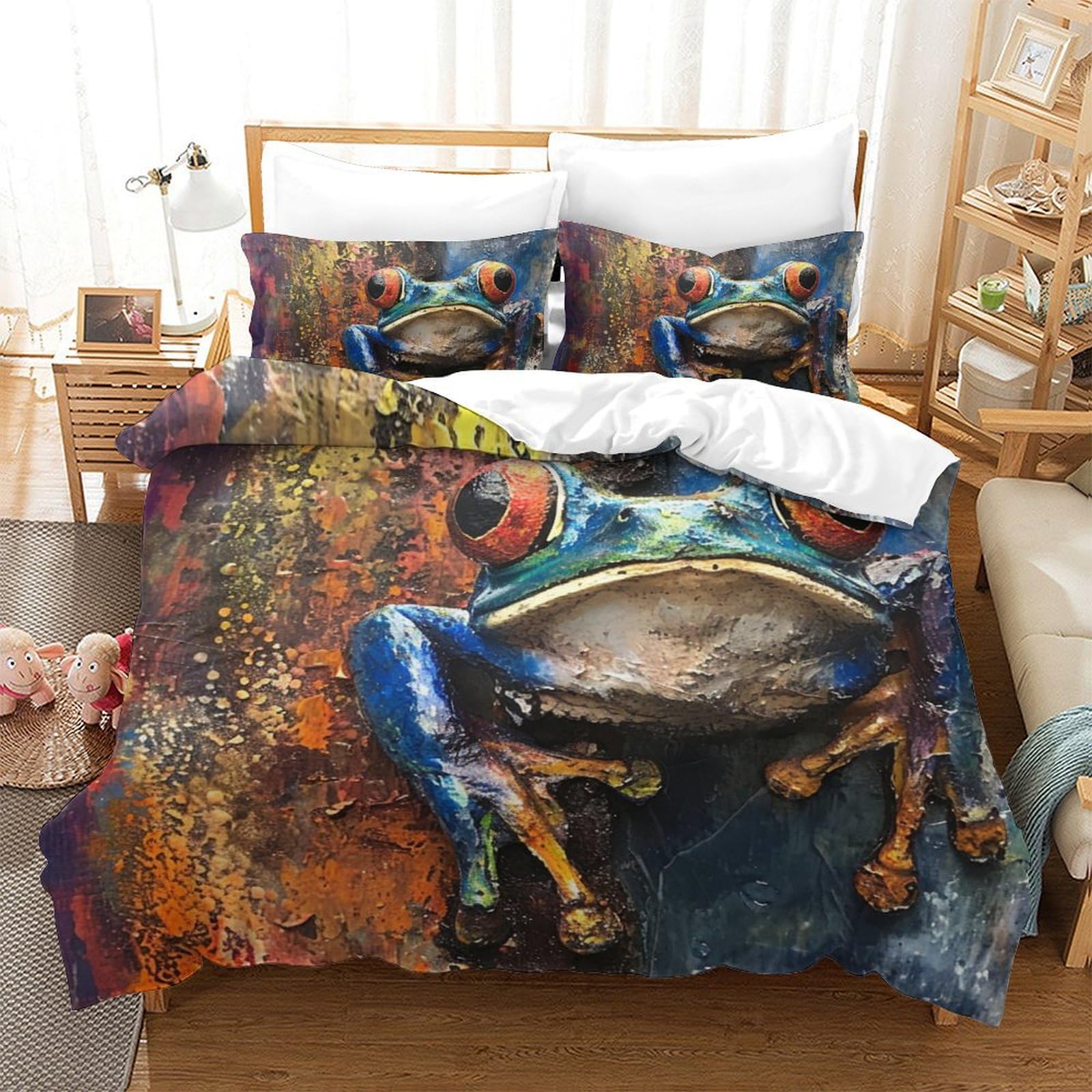 Housse de couette grenouille 3D parure de lit respirante pour des nuits fraîches en été