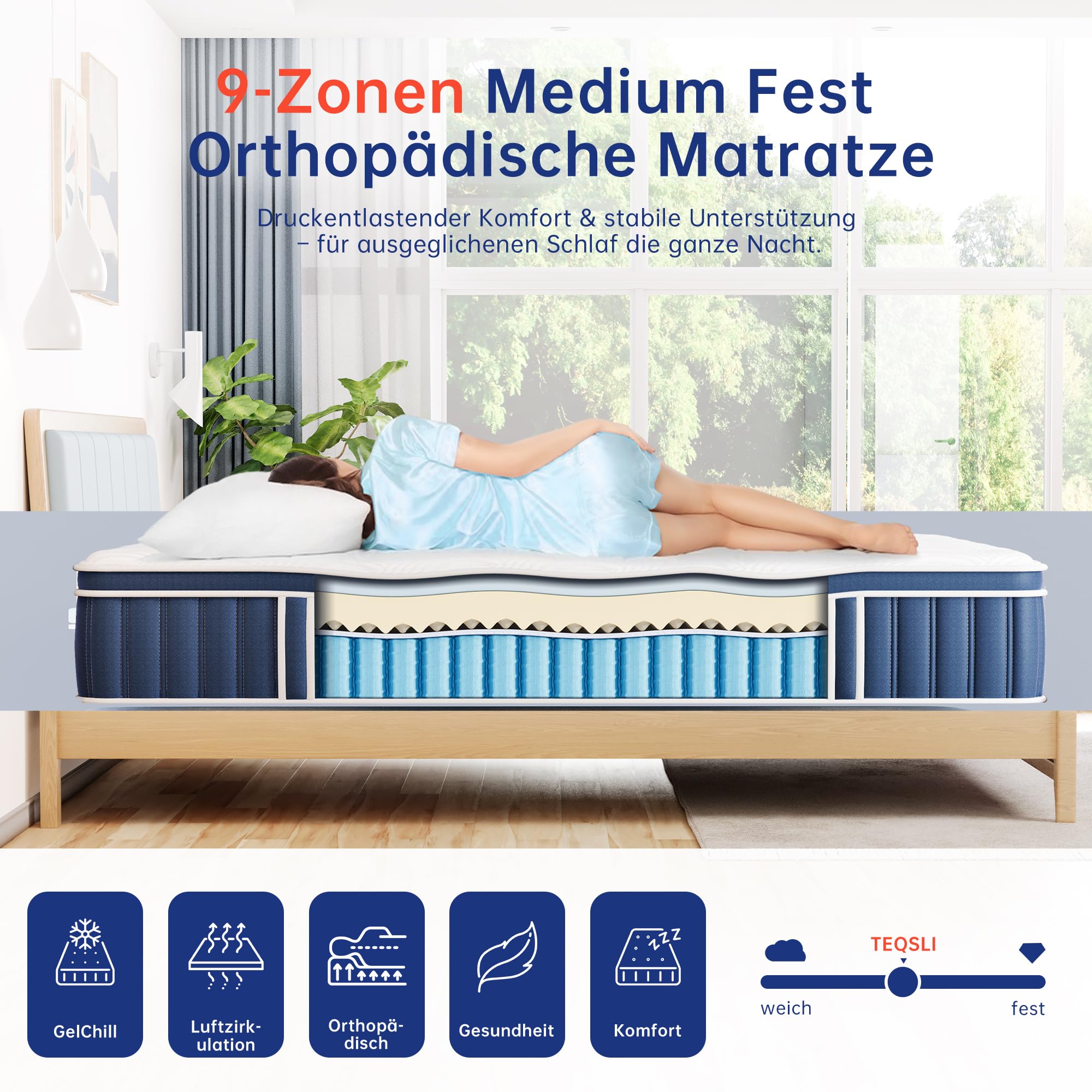 TeQsli Gel Federkernmatratze 140x200 cm Höhe 25 cm Gel Memory Schaum Taschenfederkernmatratze für Druckentlastung, Orthopädische & Ergonomische 9-Zonen Matratze H3, Öko-Tex & CertiPUR Zertifiziert