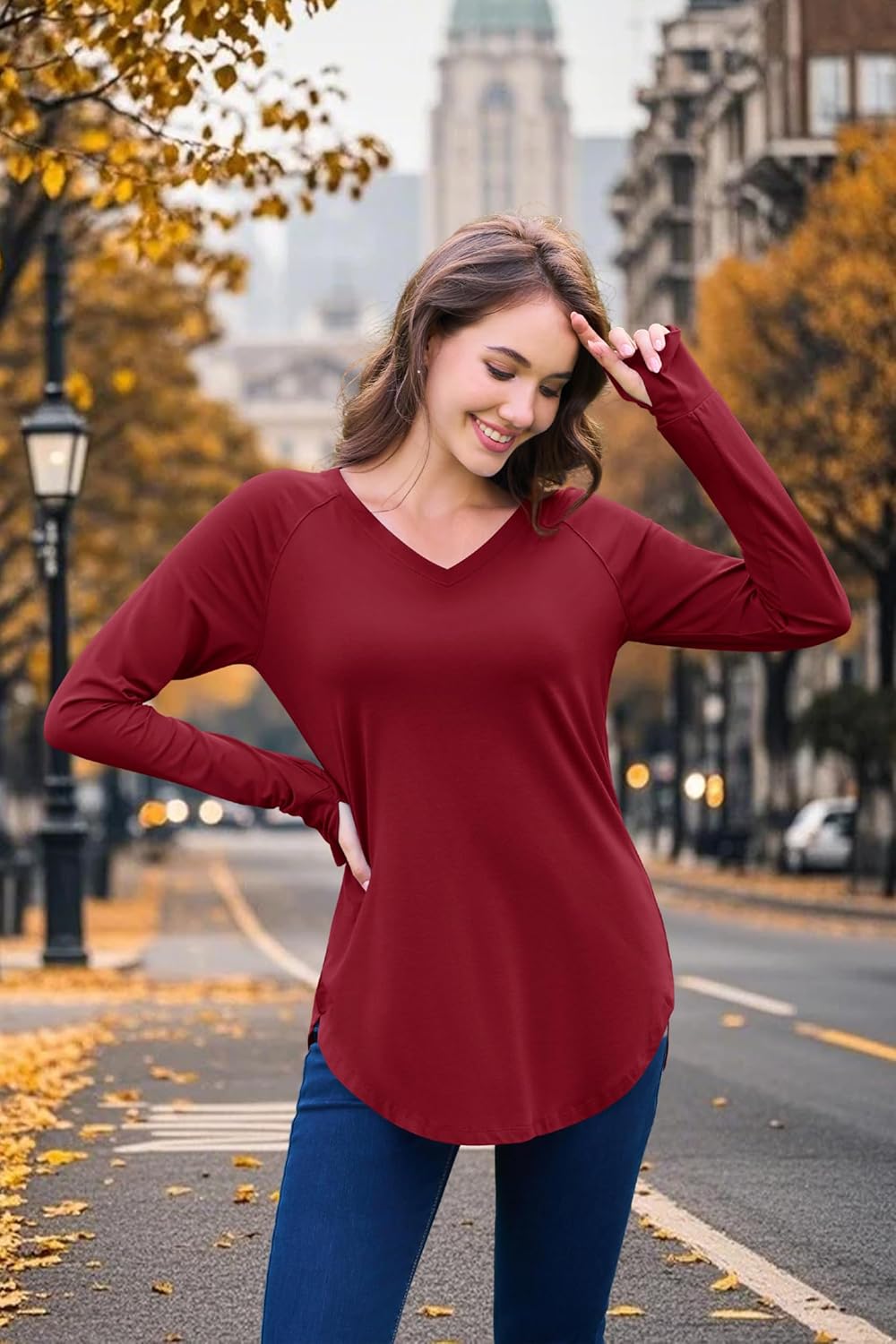 YUCOLEN Womens Tunic Tops for Leggings Loose Fit Long Sleeve Shirts with Thumb Holes Cotton V-Neck T-Shirts - Image 5