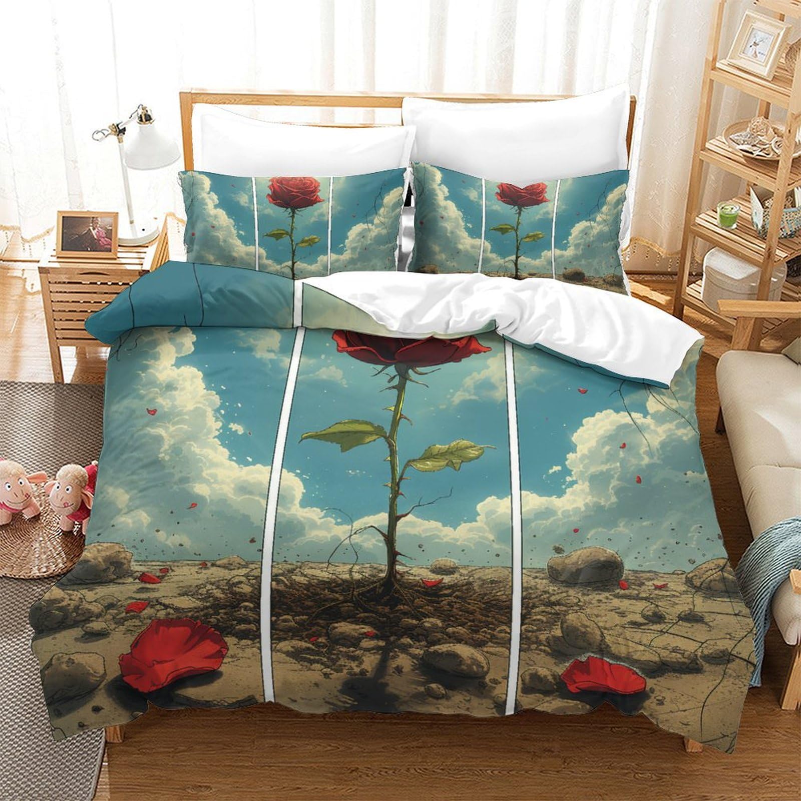 Parure de lit roses 3D en microfibre 220x240 cm avec housse de couette et taies pour ados