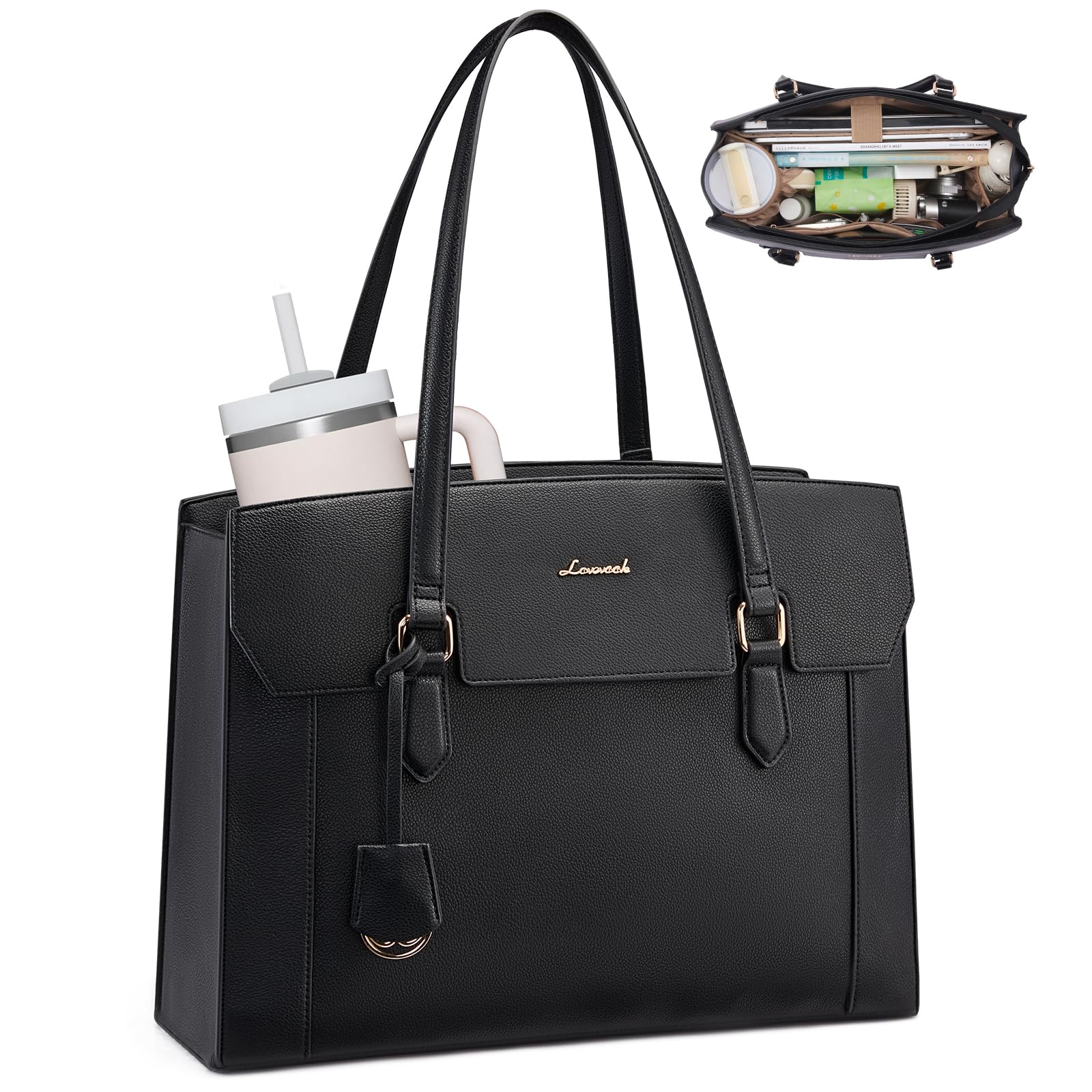 LOVEVOOK Laptop Tote Bag for Women,Computer Work Bag With Large Cup Holder,15.6 Inch Waterproof PU Leather Purse Briefcase for Teacher - 2