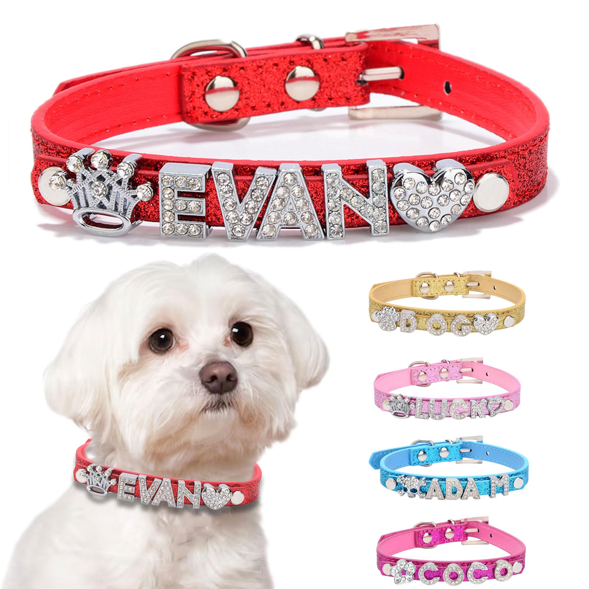 Personalised Dog Collars with Name Custom Bling Rhinestone Dog Puppy Cat Pet Name Collar Leather Dog Collar for Small Medium Large Dogs(Red, XS)