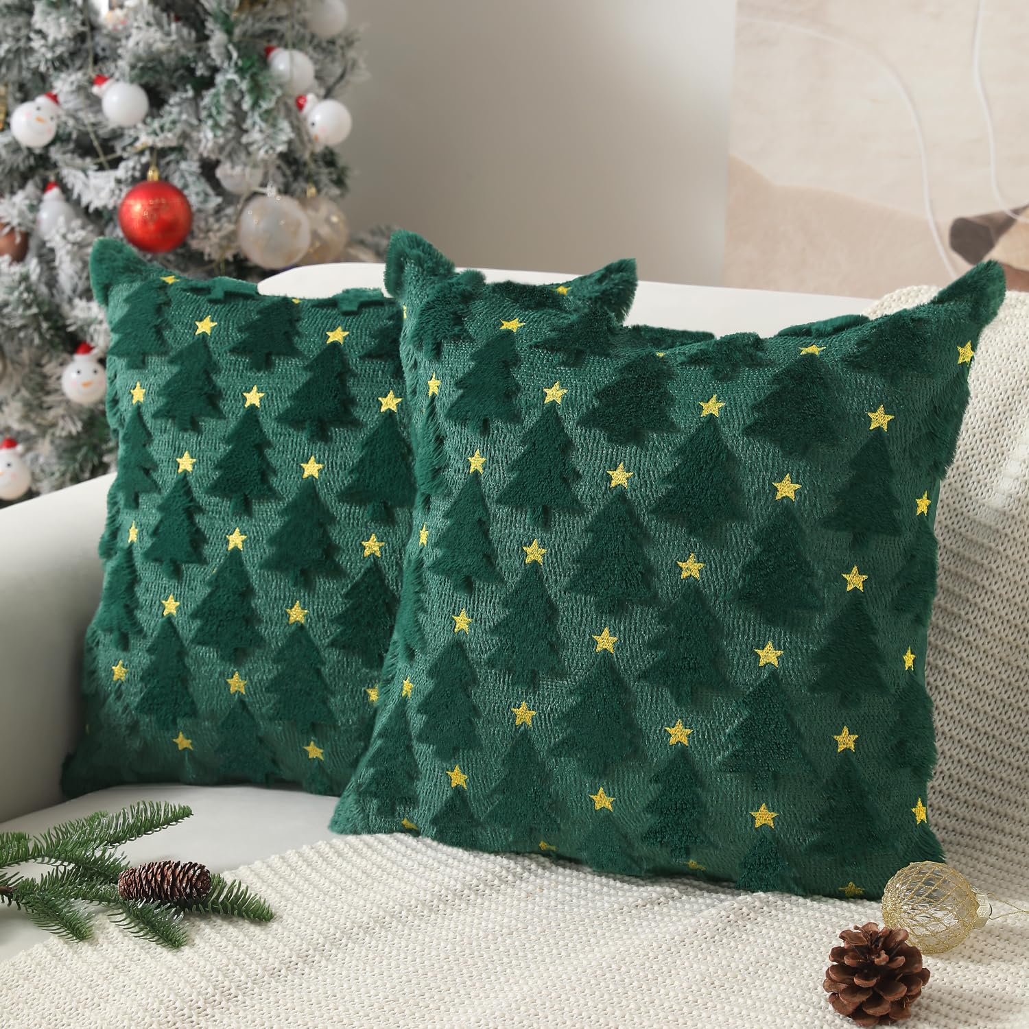 Juego de 2 fundas de almohada de Navidad de 20 x 20 pulgadas, color verde oscuro, fundas decorativas de felpa y piel sintética suave para invierno, Navidad, vacaciones, hogar, dormitorio,