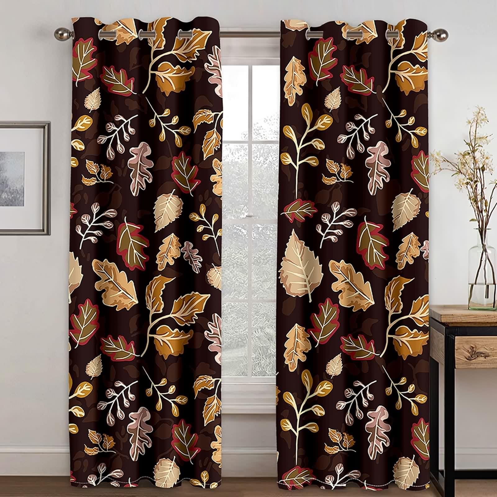 Zasłony do salonu, na okno, ciemnobrązowe, poliester, wzór jesiennych liści, zestaw 2 sztuk, szer. 102 x wys. 214 cm