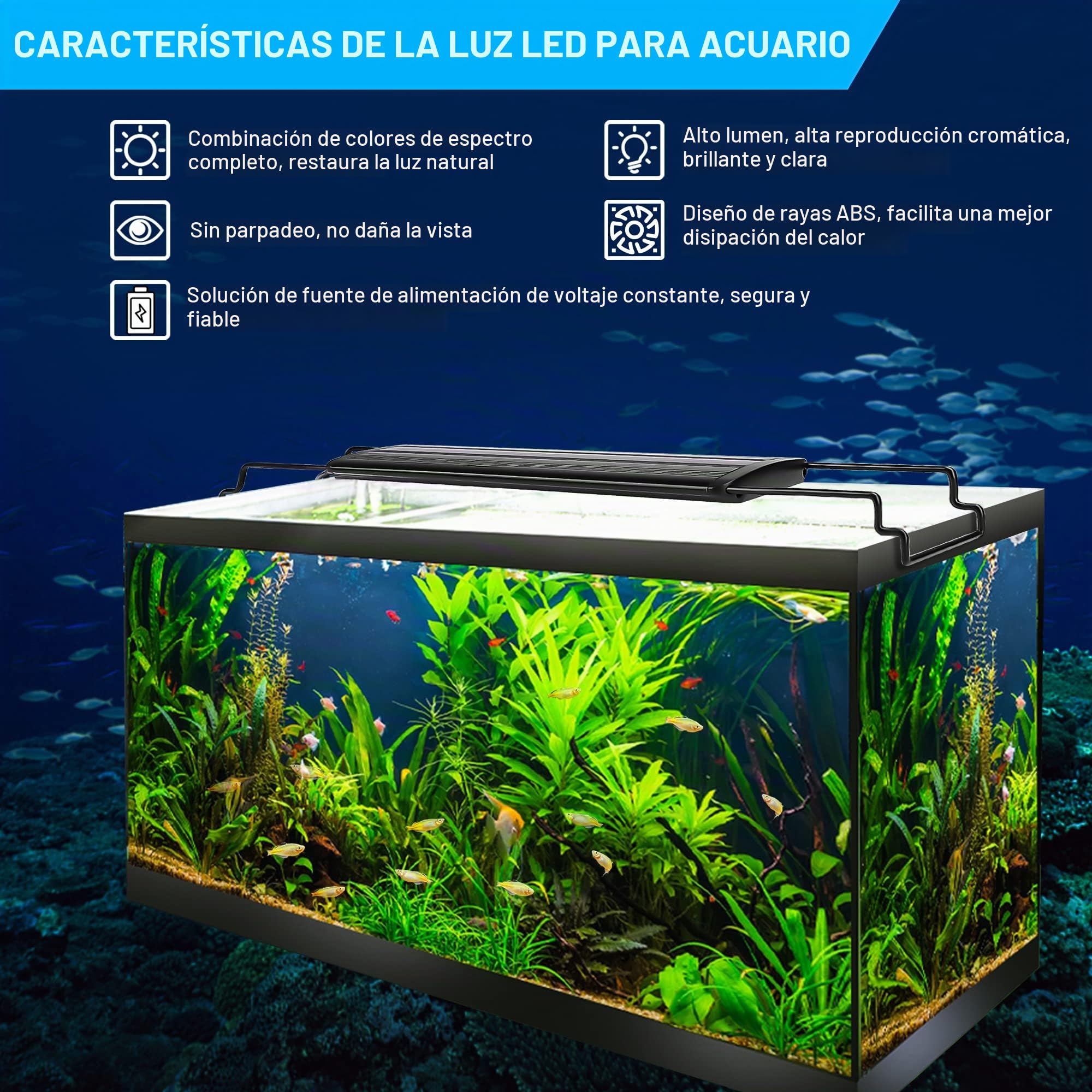 Luz Acuario Iluminación LED para Acuarios, Lámpara de espectro completo con Temporizador, regulable en 10 niveles de brillo, programable para 6/10/12 horas, SPL-60