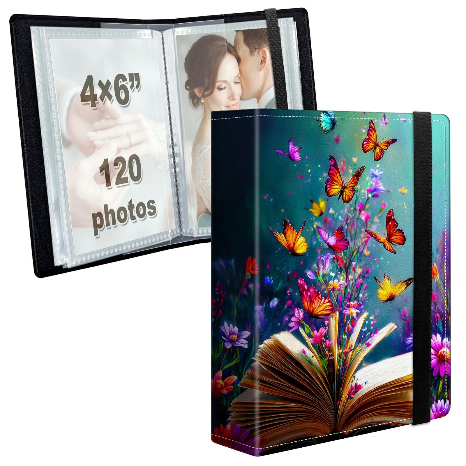Photo Album 4x6 120 Photos with Strong Elastic Band, Book Butterflies