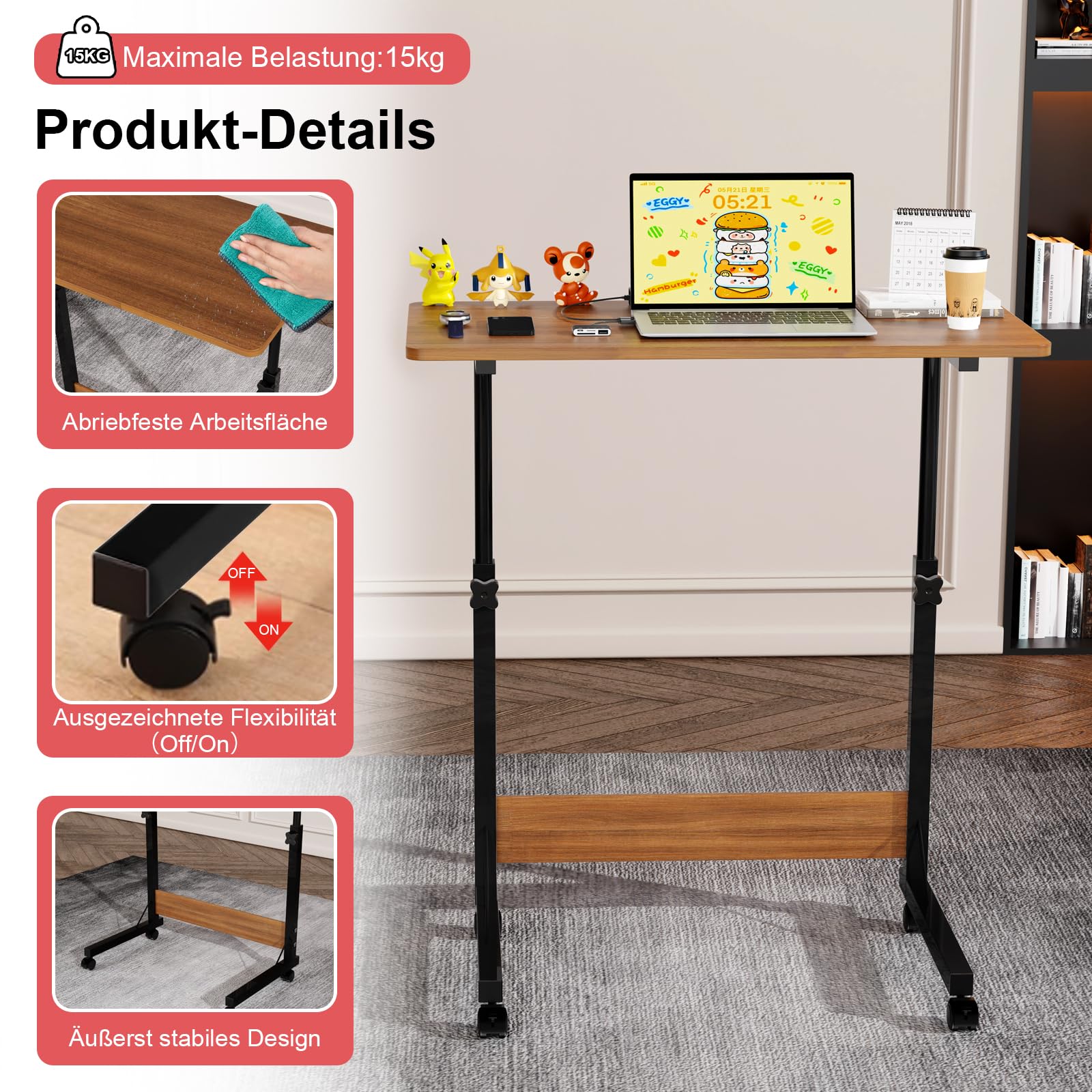 Mobilne biurko na laptopa z regulacją wysokości, kompaktowe biurko komputerowe, 62–90 cm, do domowego biura, brązowe (80 x 40 cm)