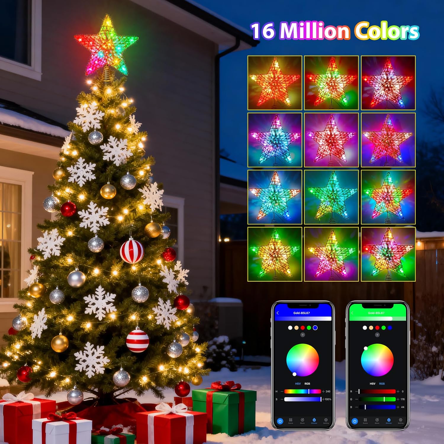 Christmas Tree Star Topper, LED Tree Decorations, UL Certified Colorful Star Tree Topper Lights for Home Garden USB Plug in Xmas Tree New Year Holiday, APP and Remote Control, DIY Dimmer(Gold)