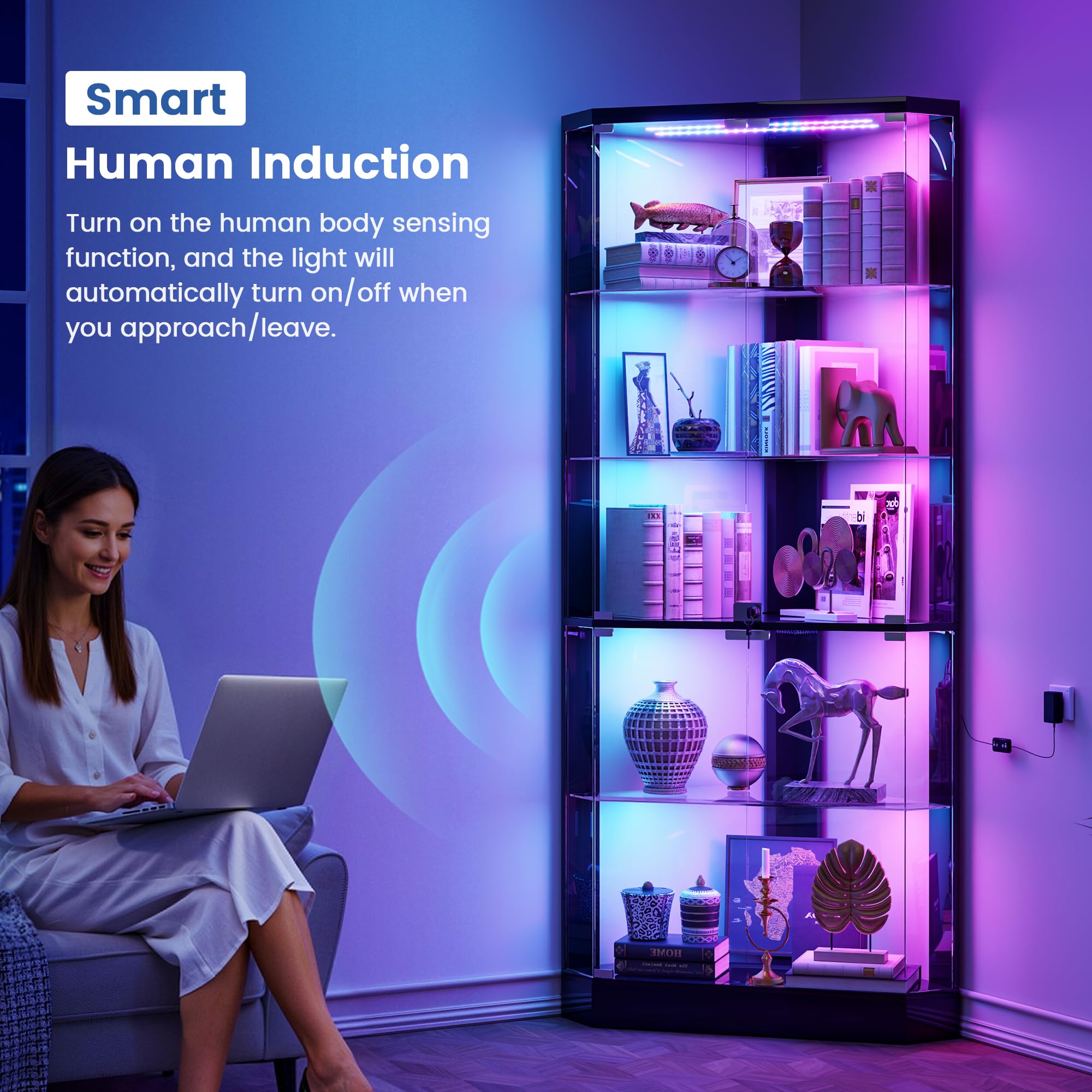 Lvifur Eckvitrine mit LED Beleuchtung & Glastüren für Sammlervitrine und Wohnzimmer, Vitrinenschrank mit Menschlicher Sensor für Schlafzimmer Studierzimme,175cm 5-Lagen Glasvitrine Schwarz