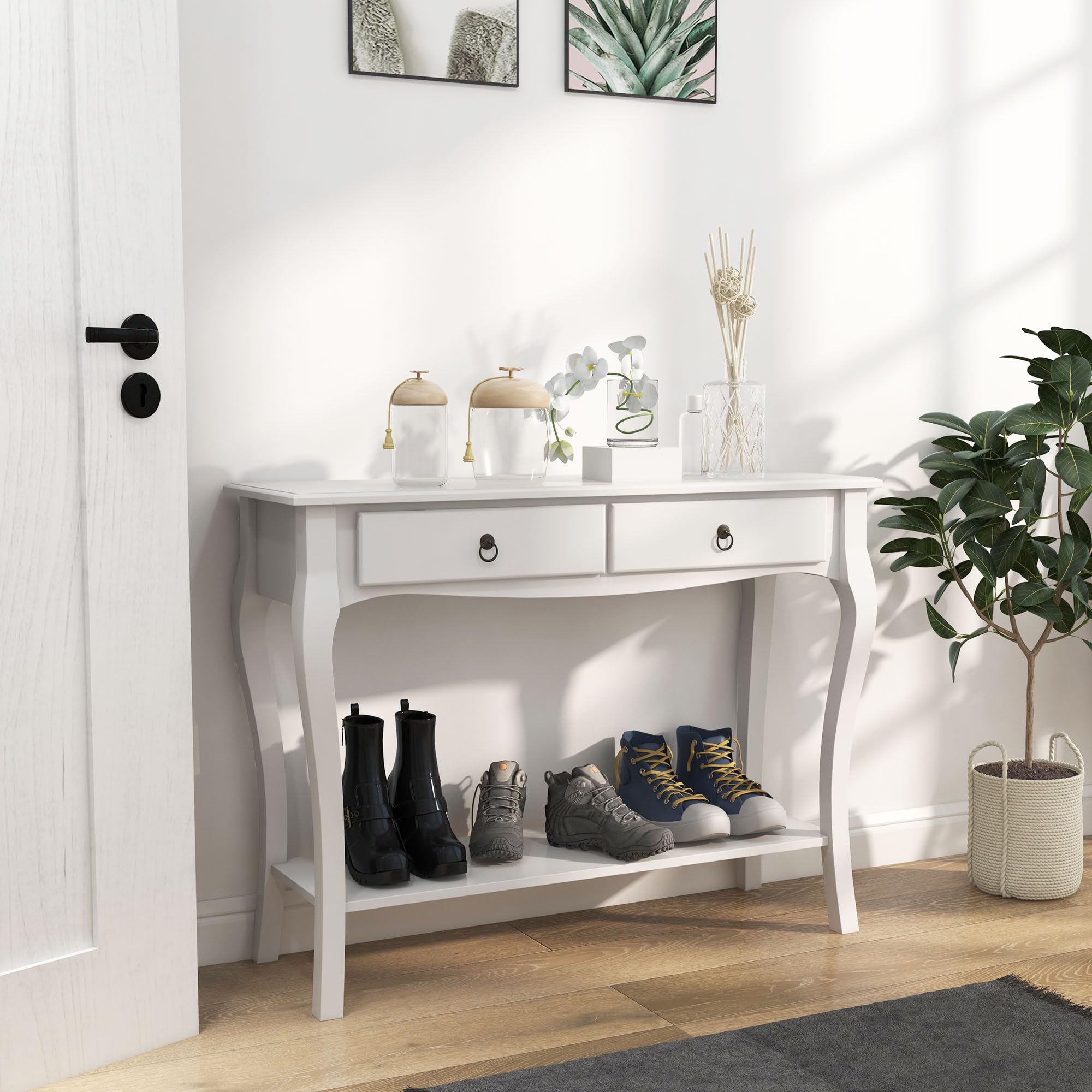 HOMCOM Mesa Consola Aparador con Cajones Madera 100x33x75cm Blanco Brillo | Salón Comedor, Mueble Recibidor, Mesa Auxiliar, con Estante, Diseño Elegante