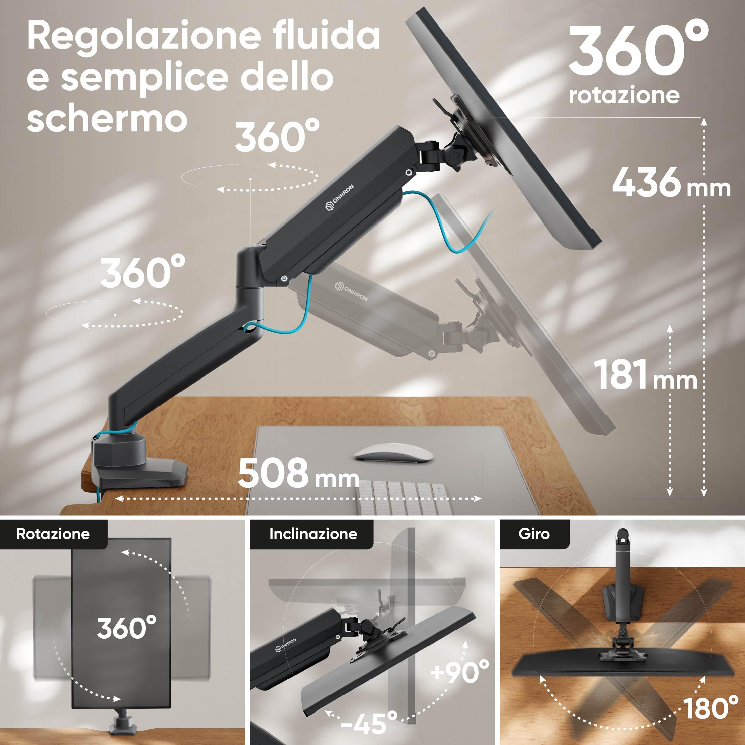 ONKRON Braccio Monitor da Scrivania 13"-32", Carico 2-10 kg, VESA 75x75-100x100, Supporto Monitor Scrivania, Supporto Schermo PC Universale, Inclinabile e Girevole, Altezza Regolabile, Nero G80-B