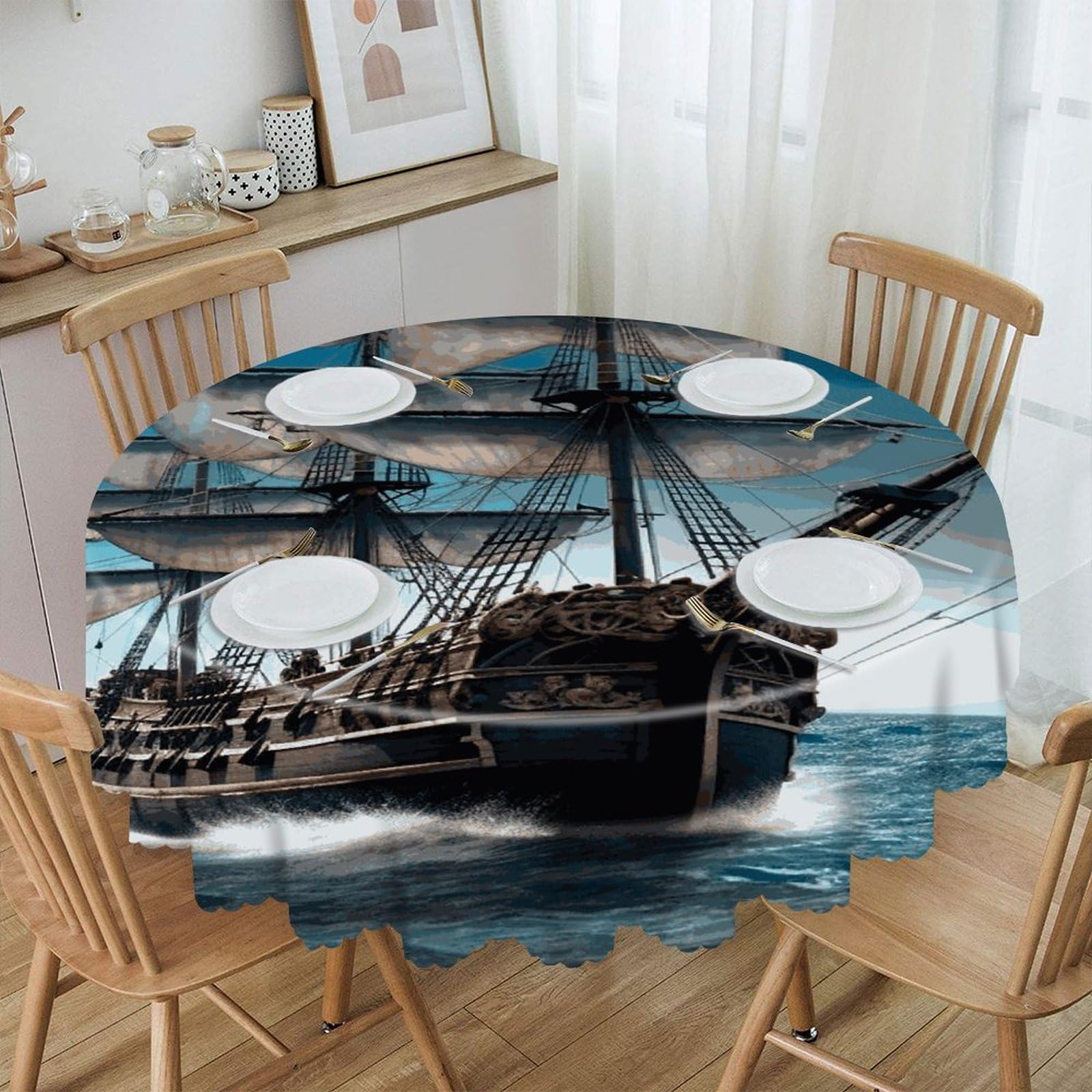 FekiLoot Pirate Ship Round Tablecloths 60 Inch Resistant Washable Polyester Table Cloth Style Decorative Circle Fabric Table Cover for Dining Kitchen Party Farmhouse Outdoor