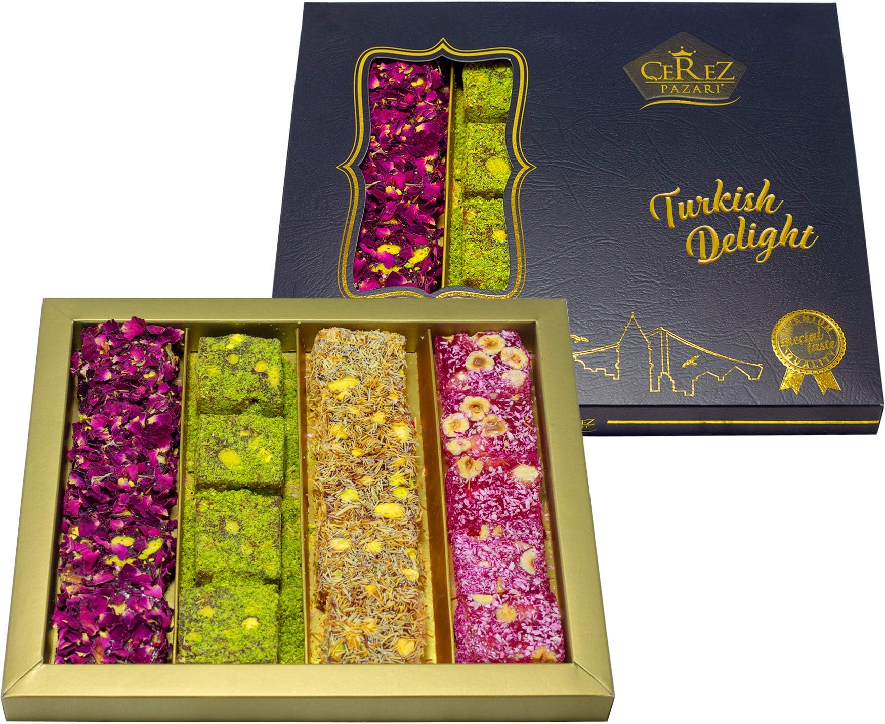 Cerez Pazari Turkish Delight Pistachio and Hazelnut with Fantastic Rose & Pomegranate Flavour Experience in Luxury Large Gift Box 500g | Assorted Gourmet, Sweet Vegan Traditional Lokum (16-20 Pcs)