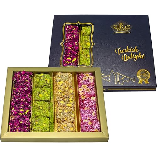 Cerez Pazari Turkish Delight Pistacho y avellana con fantástica experiencia de sabor a rosa y granada en lujosa caja de regalo grande de 17 onzas