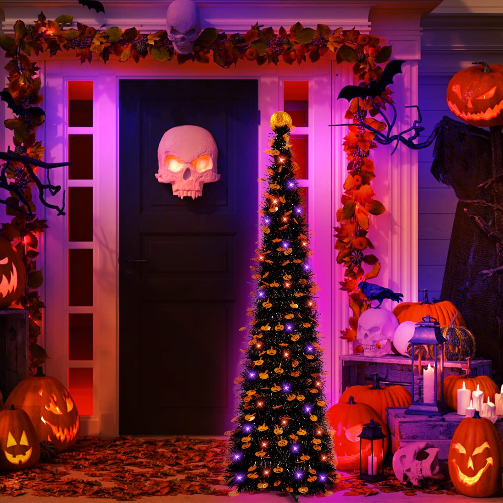 TURNMEON Czarne brokatowe papierowe drzewo ze światłami, dekoracja domu na parapetówkę Święto Dziękczynienia i Halloween