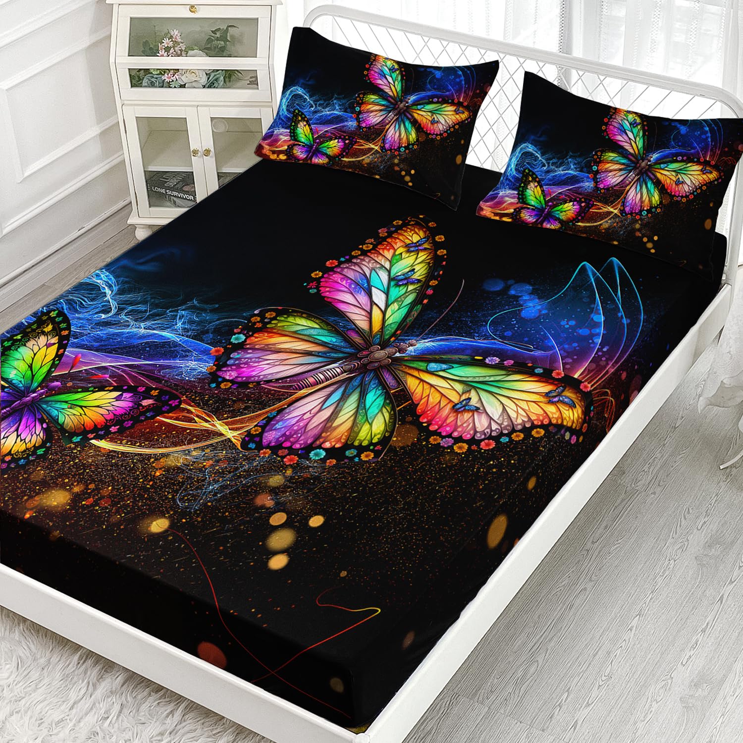 AILONEN Beautiful Butterfly Queen Size Fitted Sheet, Gradient Colour Butterfly Bedding Set for Girls Kids,Butterfly Animal Bed Sheet Set 3PCS,1 Fitted Sheet and 2 Pillowcase