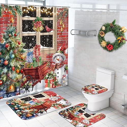 Ikfashoni Juego de 4 cortinas de ducha con moquetas, muñeco de nieve de Navidad, árbol de Navidad, juego de cortina de ducha con 12 ganchos, cortina