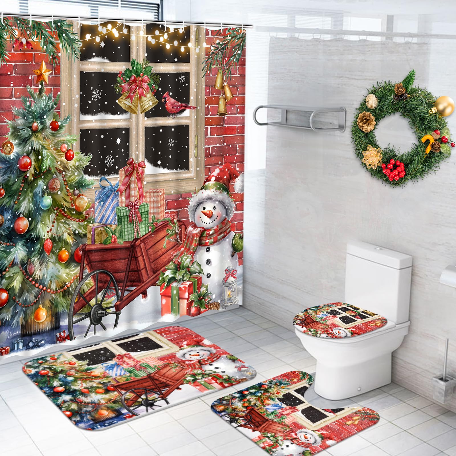 Ikfashoni 4 Pcs Merry Christmas Shower Curtains Sets with Rugs, Xmas Snowman Xmas Tree Bathroom Shower Curtain Set with 12 Hooks, Vintage Farmhouse Shower Curtain for Bathroom Decor