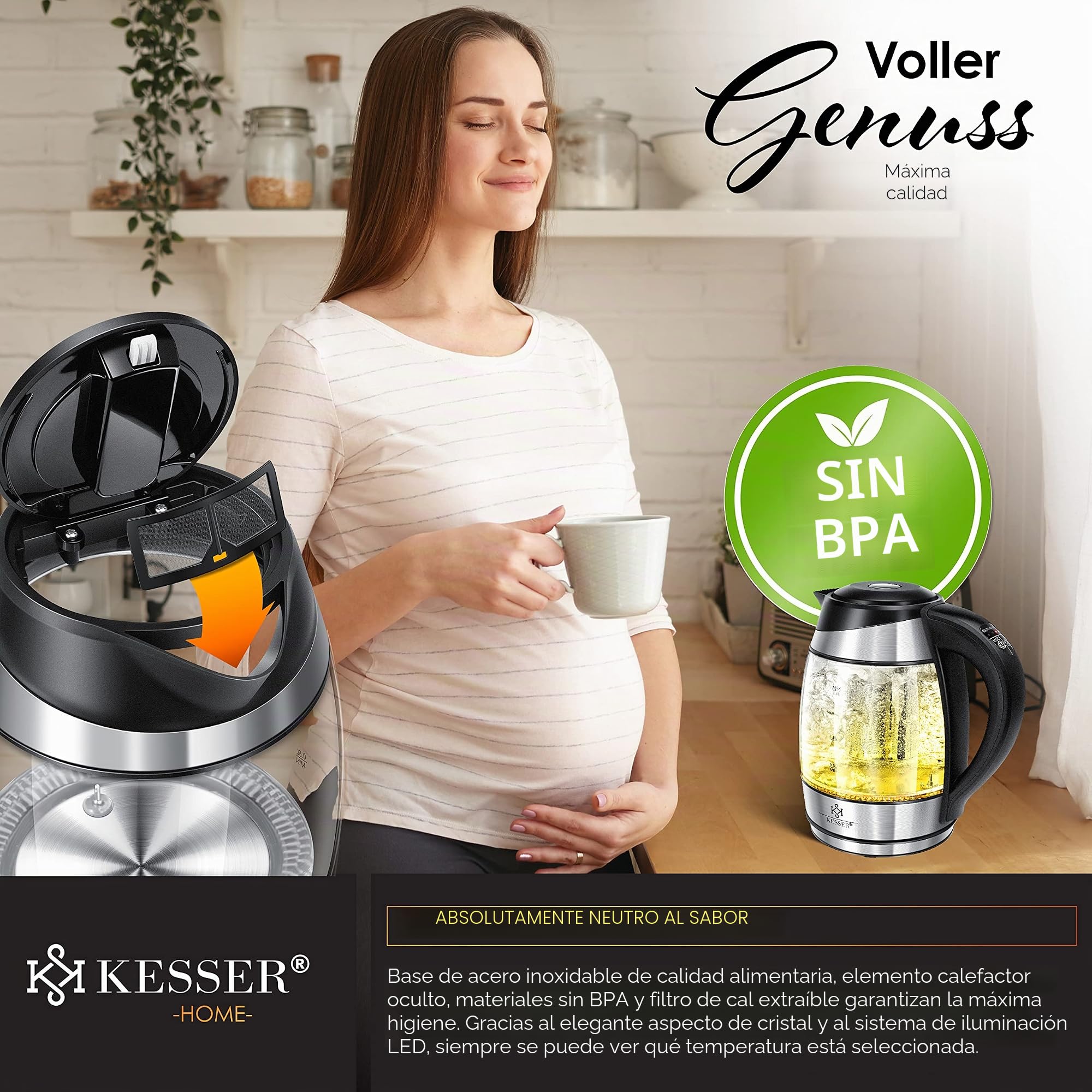 KESSER® 1,8L Hervidor de agua de acero inoxidable con filtro para té y filtro antical | Hervidor con iluminación LED - Color según la elección de temperatura 60, 70, 80, 90, 100 °C