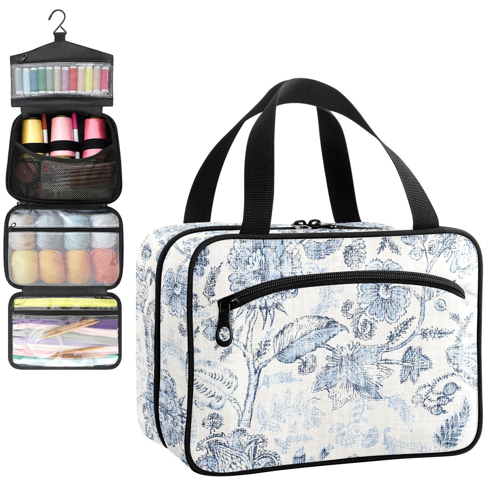 YNNALE Sewing Supply Organizer Bag, Vintage Blue Floral Rustic Retro Ethnic Portable Sewing Bags with Pockets&Hanger, Sewing Storage Box Case for Sew Supplies/Kit/Tools/Accessories (BAG ONLY)