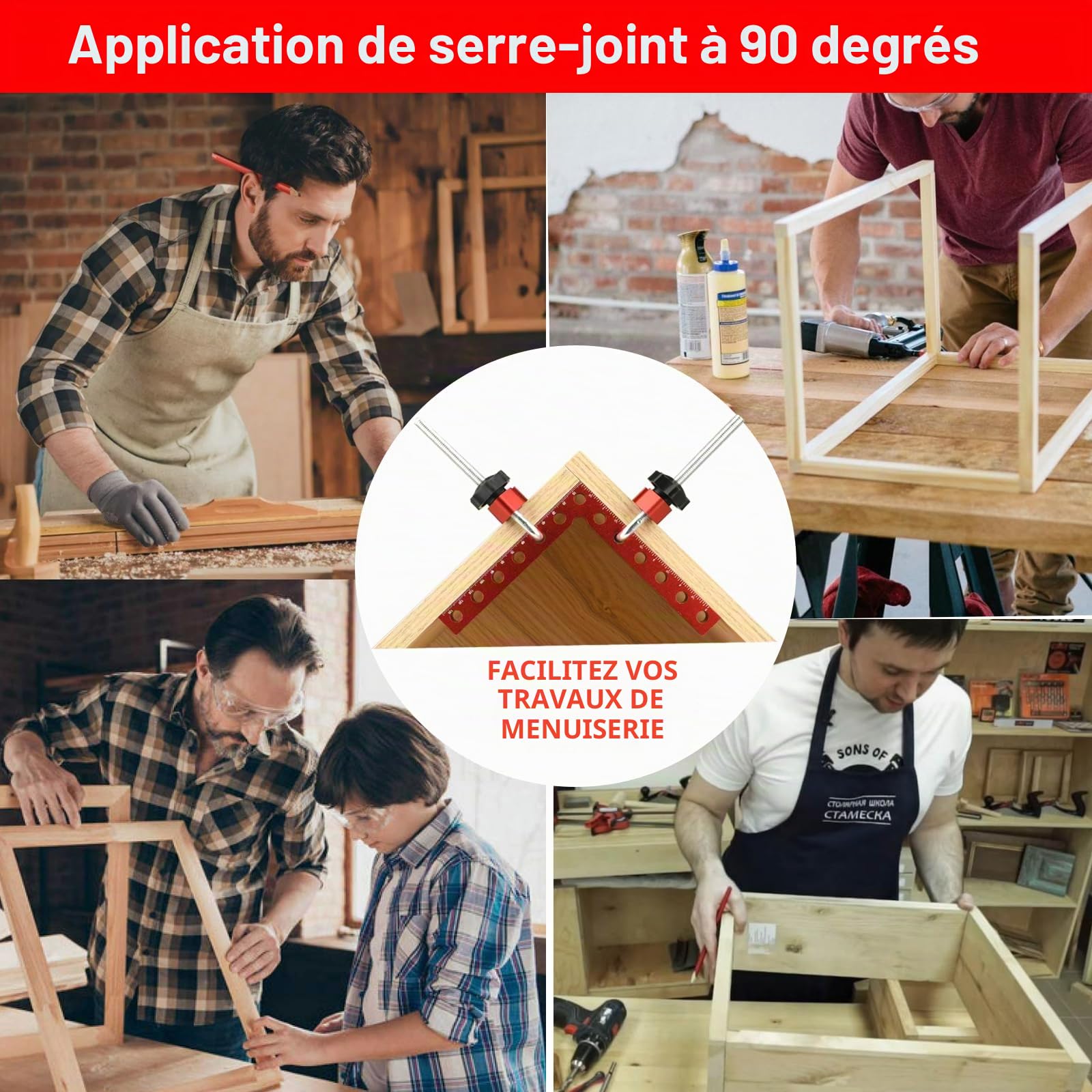 Pince à Angle Droit à 90 Degrés, 4PCS Bloc de Positionnement en Aluminium 140mm, Presses d'Angles Serre-Joints pour Travail du Bois, Équerre Type L avec Mallette pour Fixation Rapide de Cadres Photo