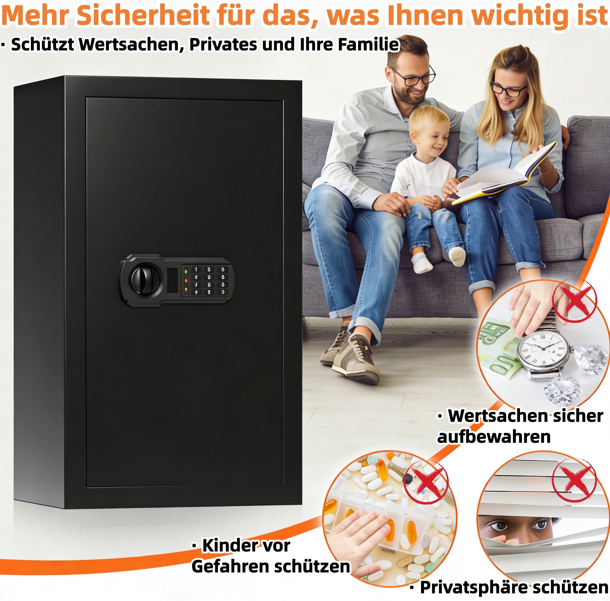 Caja fuerte grande de 74 l con cerradura de combinación, incluye bolsillo para documentos ignífugo (34 x 24 cm), montaje en pared y suelo, caja fuerte para muebles con 4 pernos y función de alarma