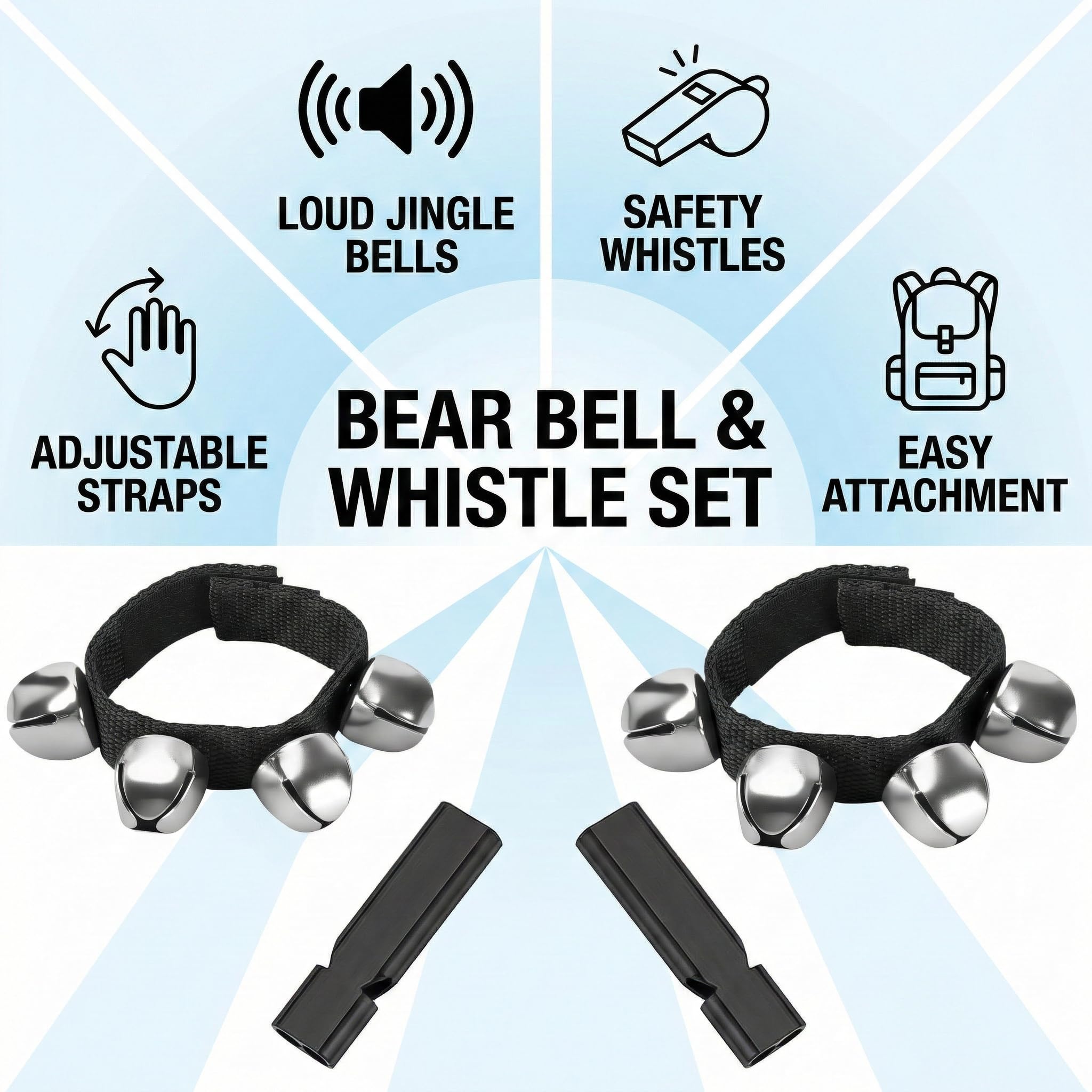 Bear Spray Set - 2 Campanas para Osos y 2 Silbatos de Seguridad para Actividades al Aire Libre