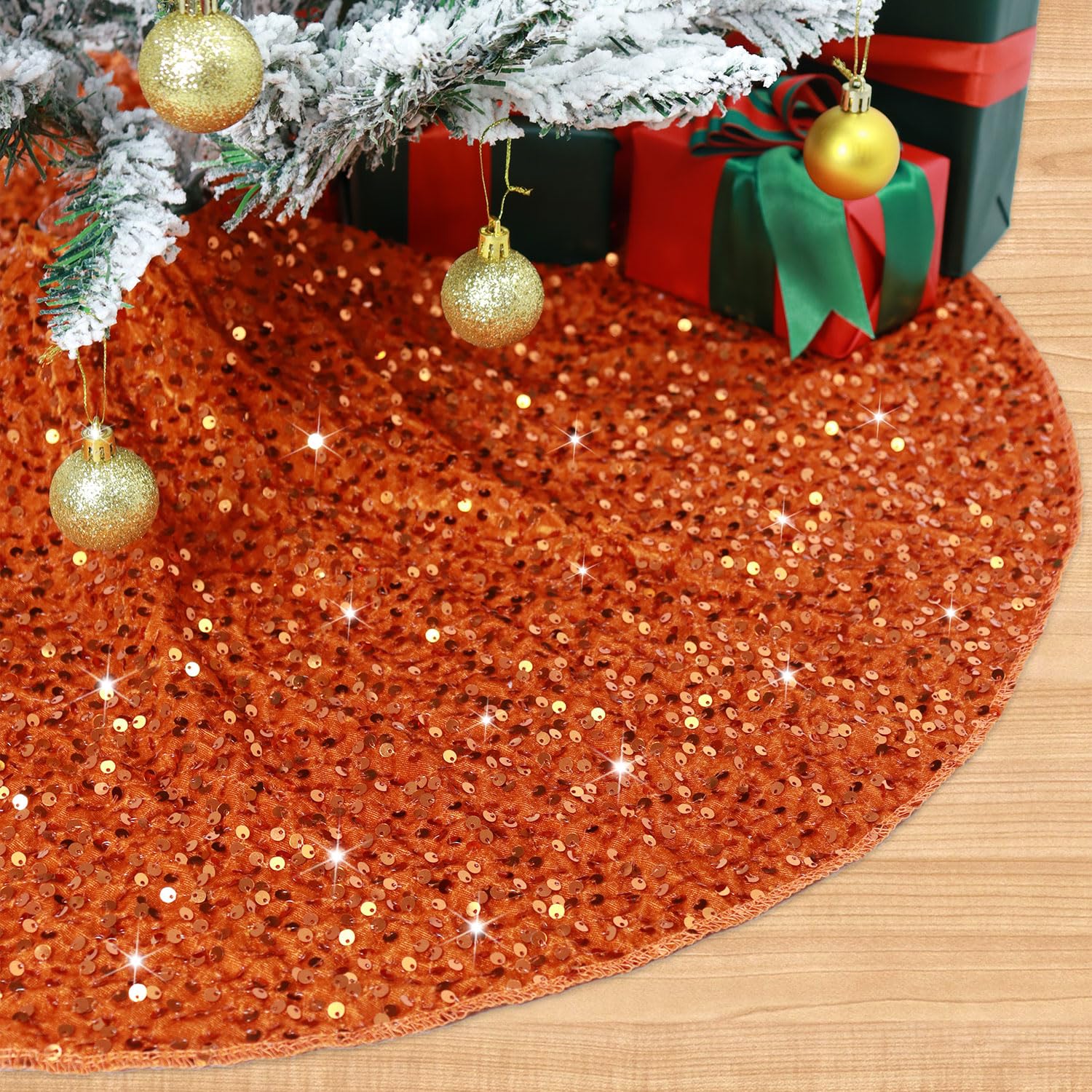 Burnt Orange Christmas Tree Skirt 36 Inch Sequin Round Xmas Tree Skirts Christmas Decorations for Halloween Fall Tree Skirt Velvet Fabric Unique Holiday Tree Base Cover for Home Party Trees