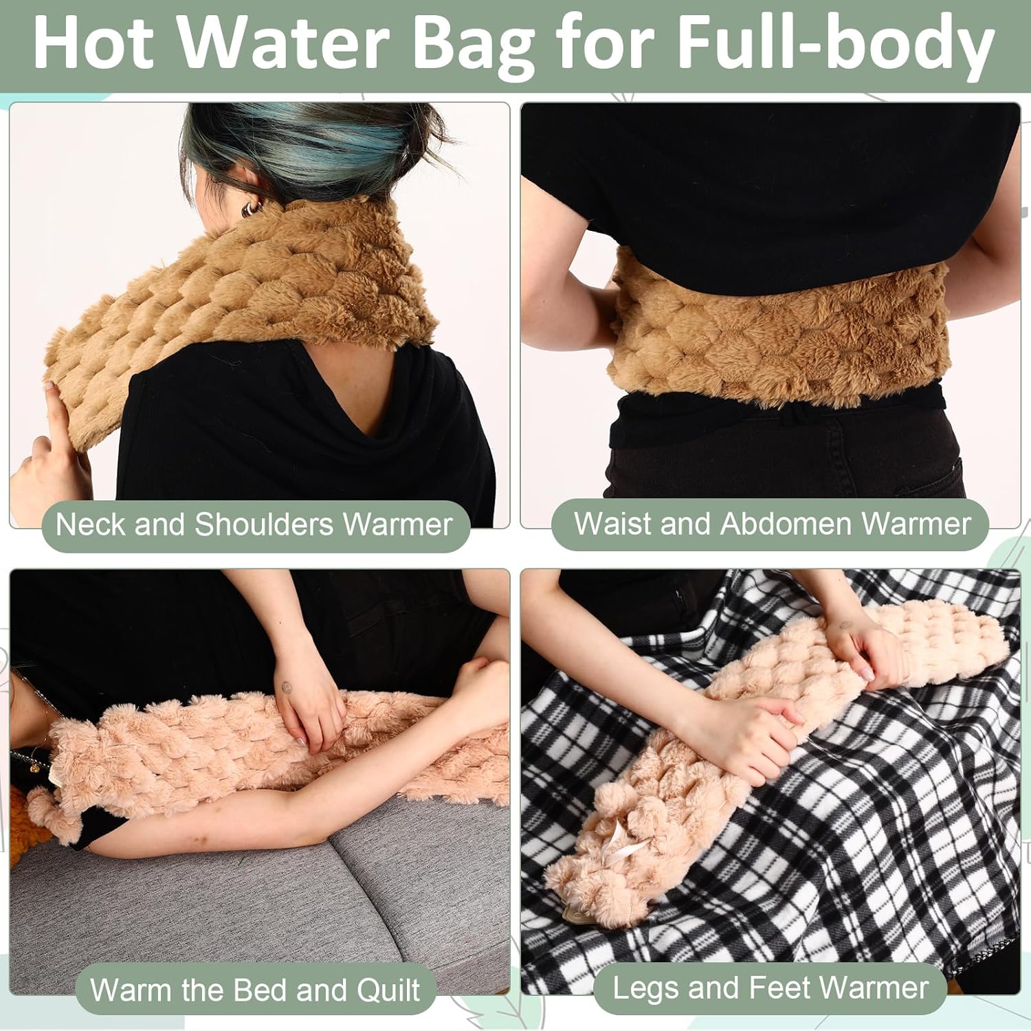 Nuanchu 6 Pack Long Hot Water Bottle with Cover 2 Liter Rubber Hot Water Bag for Pain Relief Menstrual Cramps Compress with Luxurious Faux Fur Plush Fleece Cover for Women Men Senior