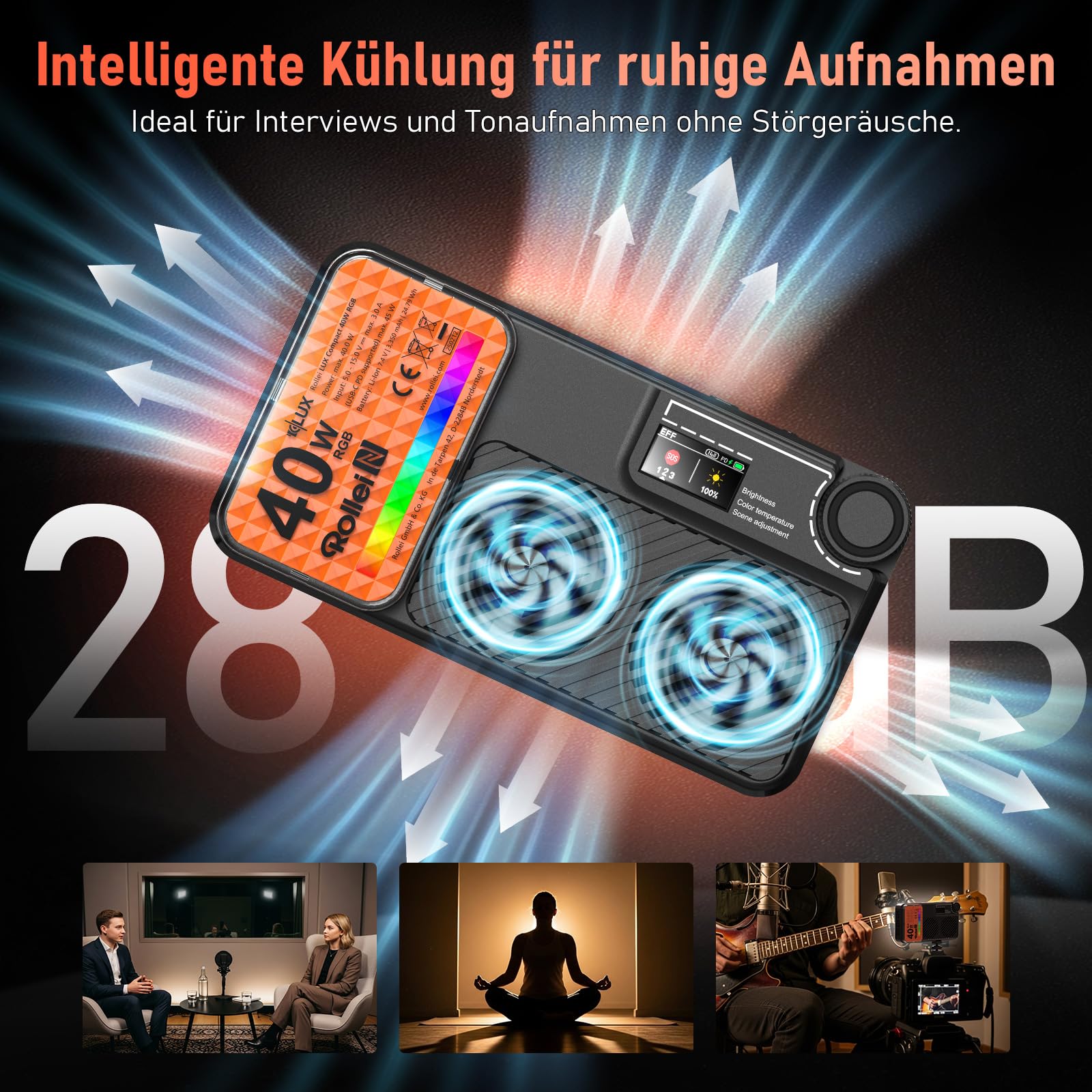 Rollei LUX Compact 40W RGB Led Videoleuchte mit Eingebautem Akku